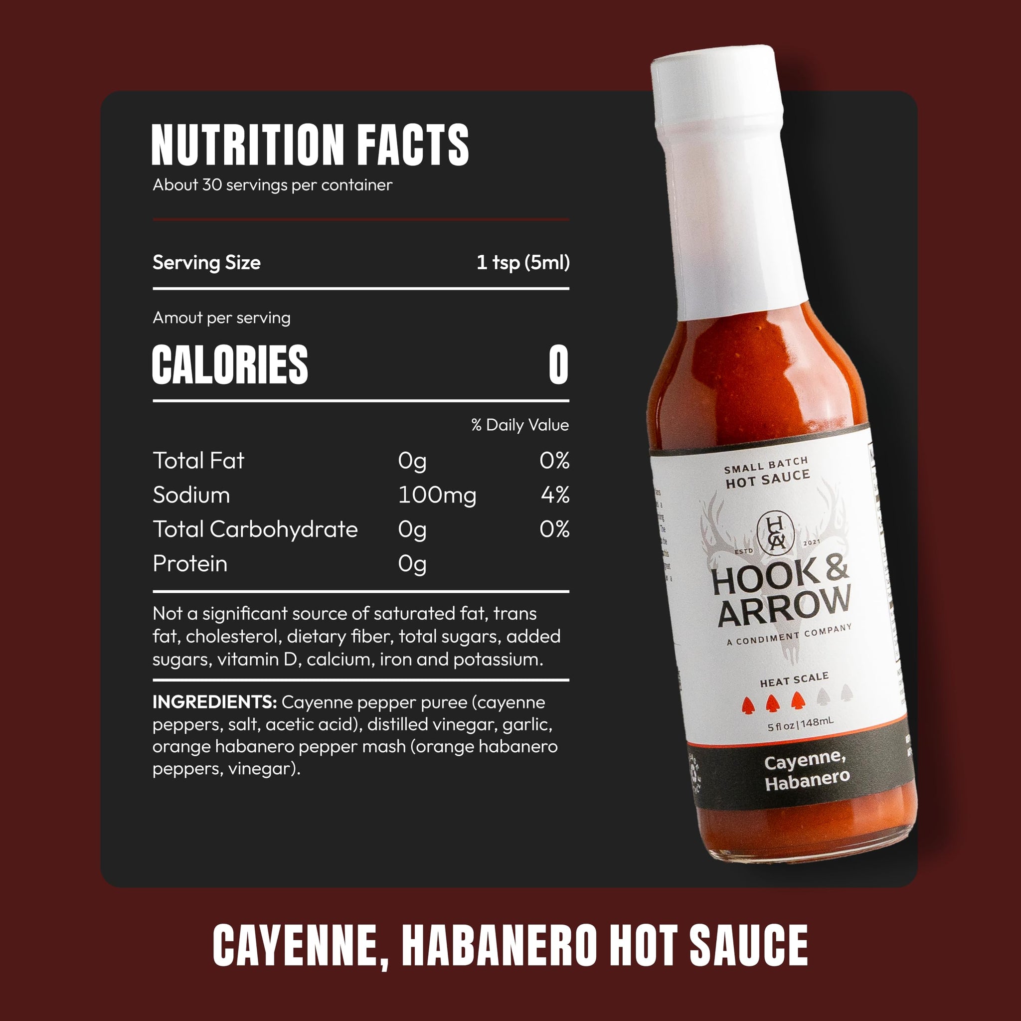 Hook & Arrow Cayenne Habanero Hot Sauce - Low Sugar Louisiana Style Garlic Pepper Sauce - Medium Spice Red Hot Sauce - Gluten-Free, Vegan, Paleo (5 fl