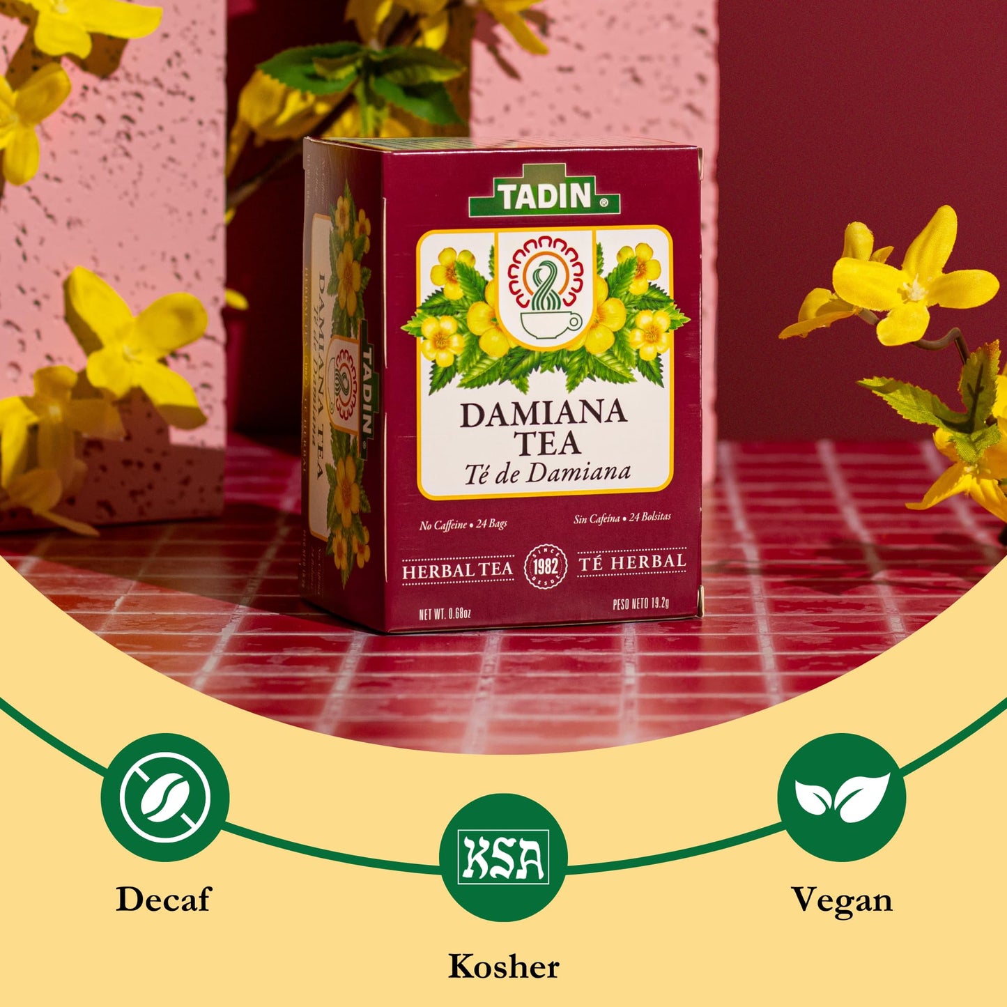 Tadin Damiana Tea, Herbal Tea, Caffeine Free, 24 Tea Bags Per Box, Pack of 6