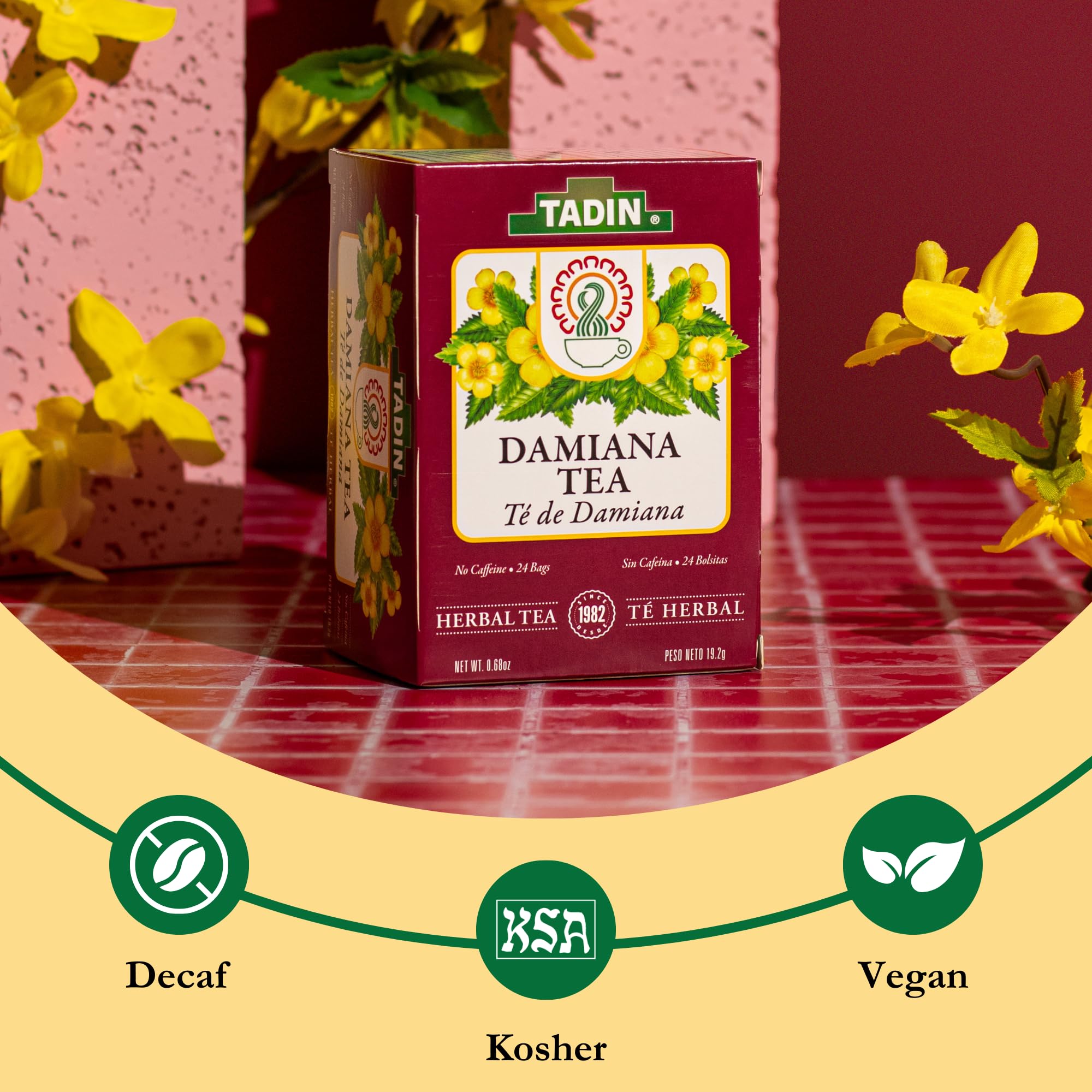 Tadin Damiana Tea, Herbal Tea, Caffeine Free, 24 Tea Bags Per Box, Pack of 6