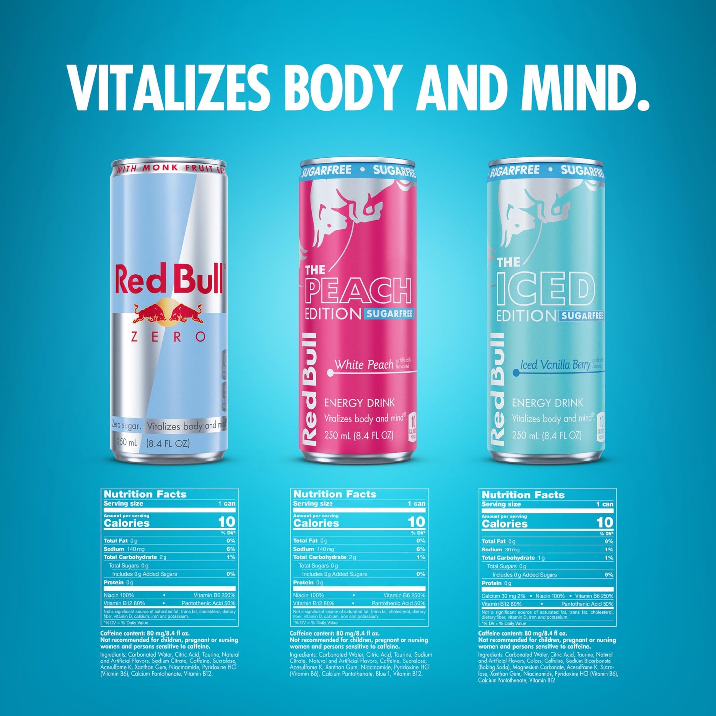 Red Bull Zero Sugar Variety Pack, Zero Energy Drink, Iced Vanilla Berry, & White Peach, 8.4 Fl Oz, 12 Cans (2 Packs of 12)