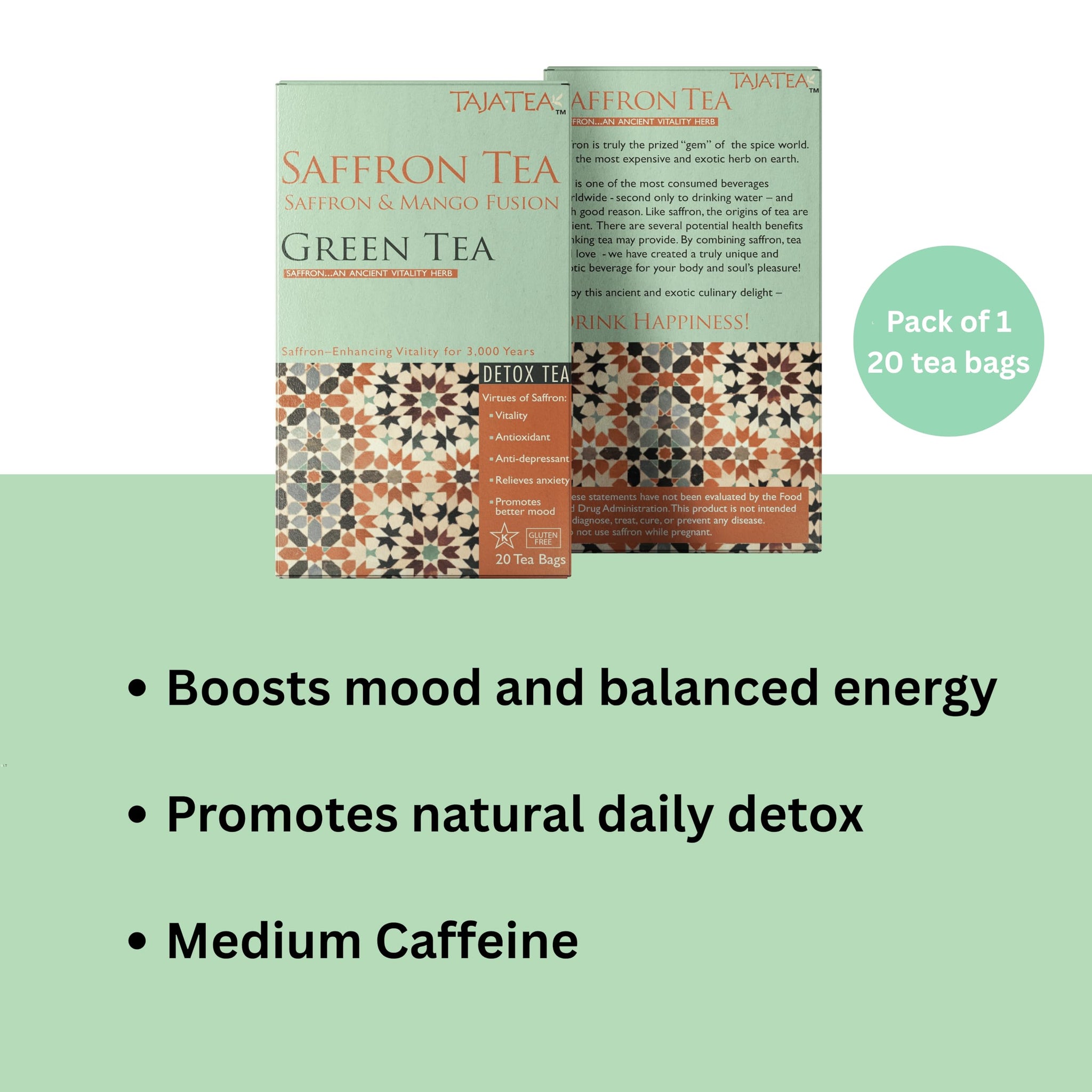 Taja Saffron Tea - Saffron & Mango Fusion Green Tea, Mood Boosting, Detox, Revive and Refresh Blend, Caffeinated | Gluten Free | Kosher, 20 Tea Bags