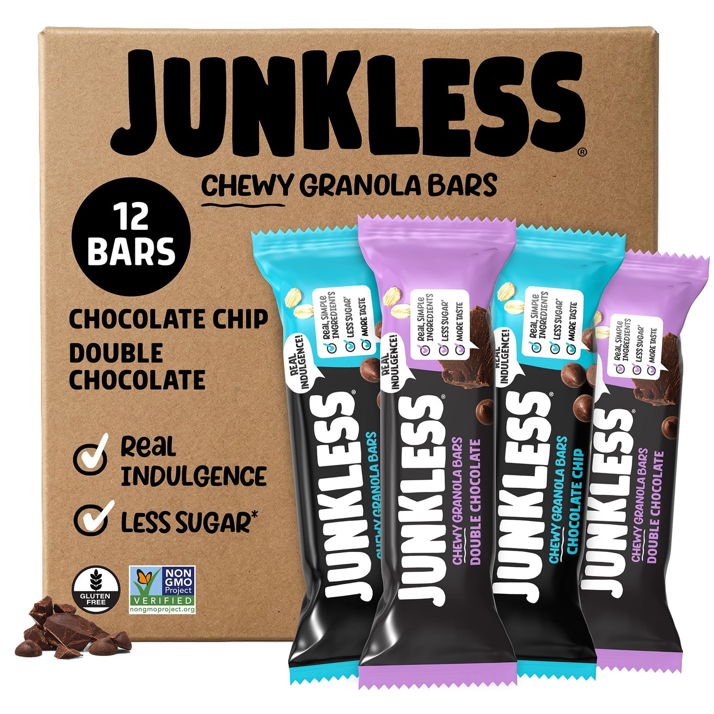 JUNKLESS Chewy Granola Bars Twin Pack - Chocolate Chip & Double Chocolate (12 Pack) - Less Sugar, Non-GMO, Gluten-Free, Wholesome Snack Bars for Kids