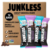 JUNKLESS Chewy Granola Bars Twin Pack - Chocolate Chip & Double Chocolate (12 Pack) - Less Sugar, Non-GMO, Gluten-Free, Wholesome Snack Bars for Kids