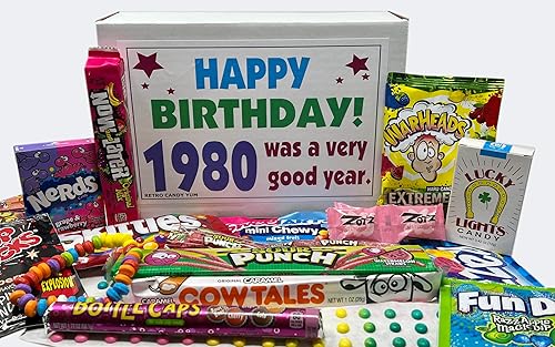 RETRO CANDY YUM ~ 1980 46th Birthday Ideas ~ Retro Decade 80s Candy Gag Gift Basket Box Assortment From Childhood ~ Milestone Birthday Gifts
