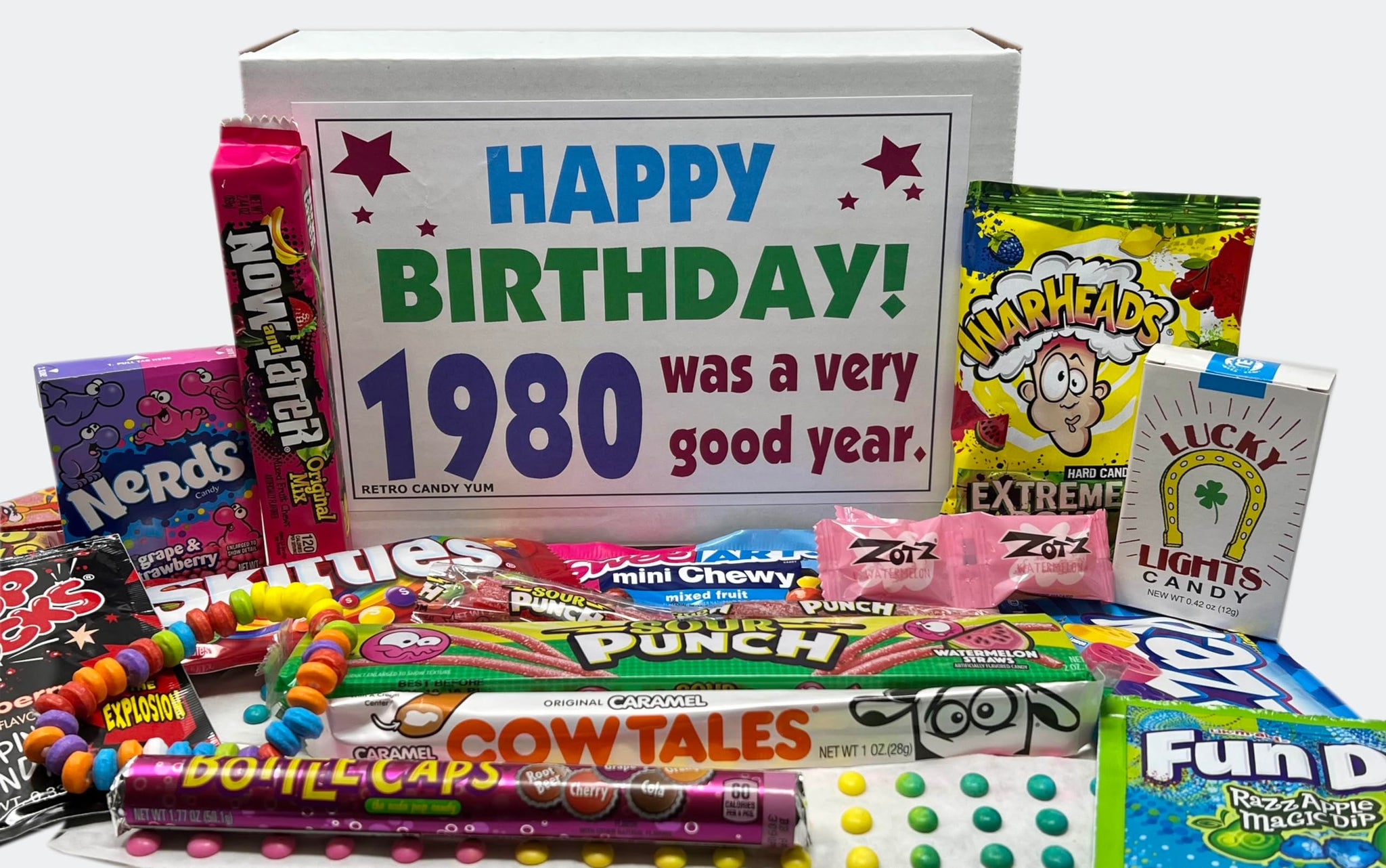 RETRO CANDY YUM ~ 1980 46th Birthday Ideas ~ Retro Decade 80s Candy Gag Gift Basket Box Assortment From Childhood ~ Milestone Birthday Gifts