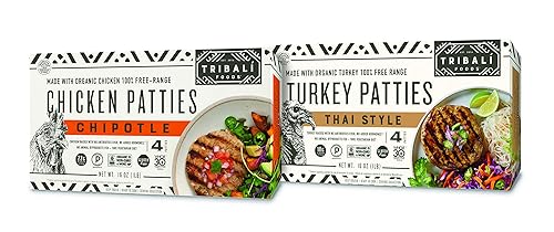 TRIBALÍ Foods - NAE 100% Free-Range Patties, 12 Box Variety - 6 Chipotle Chicken + 6 Thai Style Turkey - 4 Patties per Box (24 Chicken & 24 Turkey