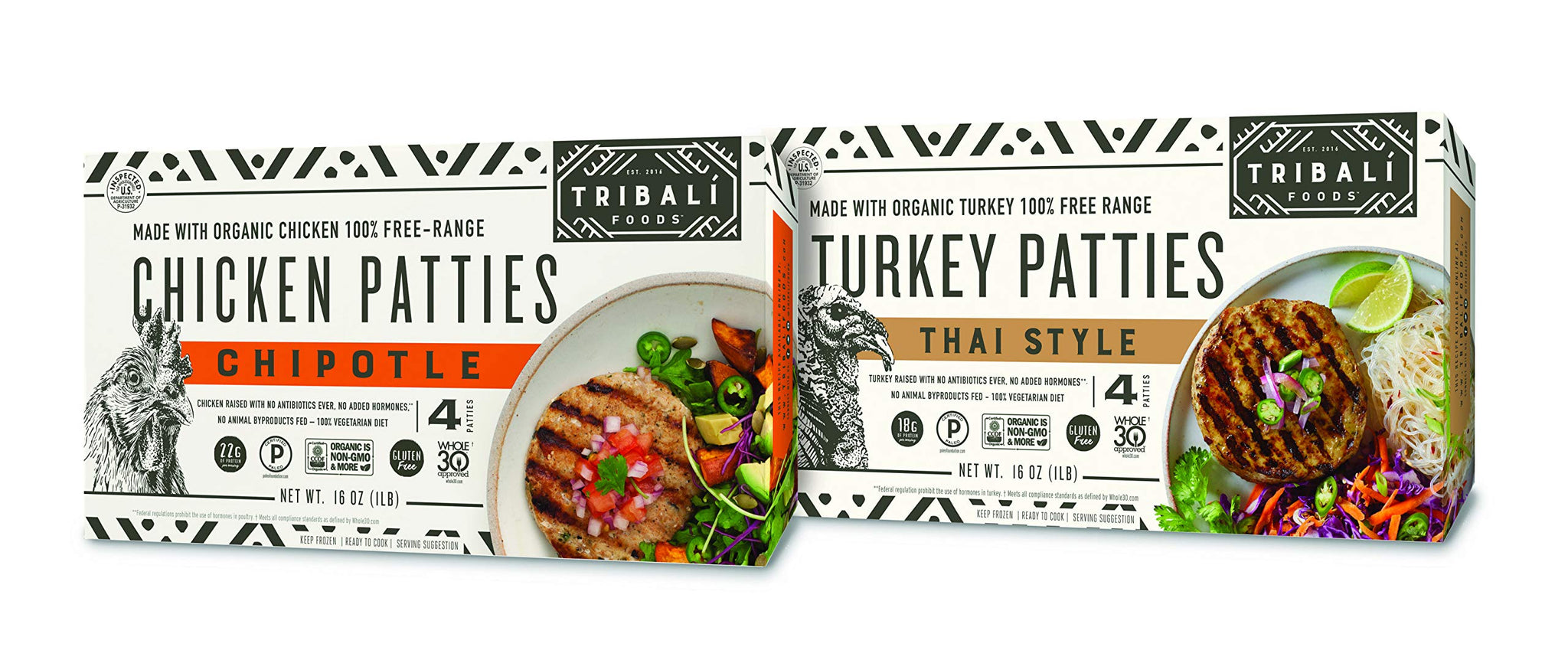 TRIBALÍ Foods - NAE 100% Free-Range Patties, 12 Box Variety - 6 Chipotle Chicken + 6 Thai Style Turkey - 4 Patties per Box (24 Chicken & 24 Turkey