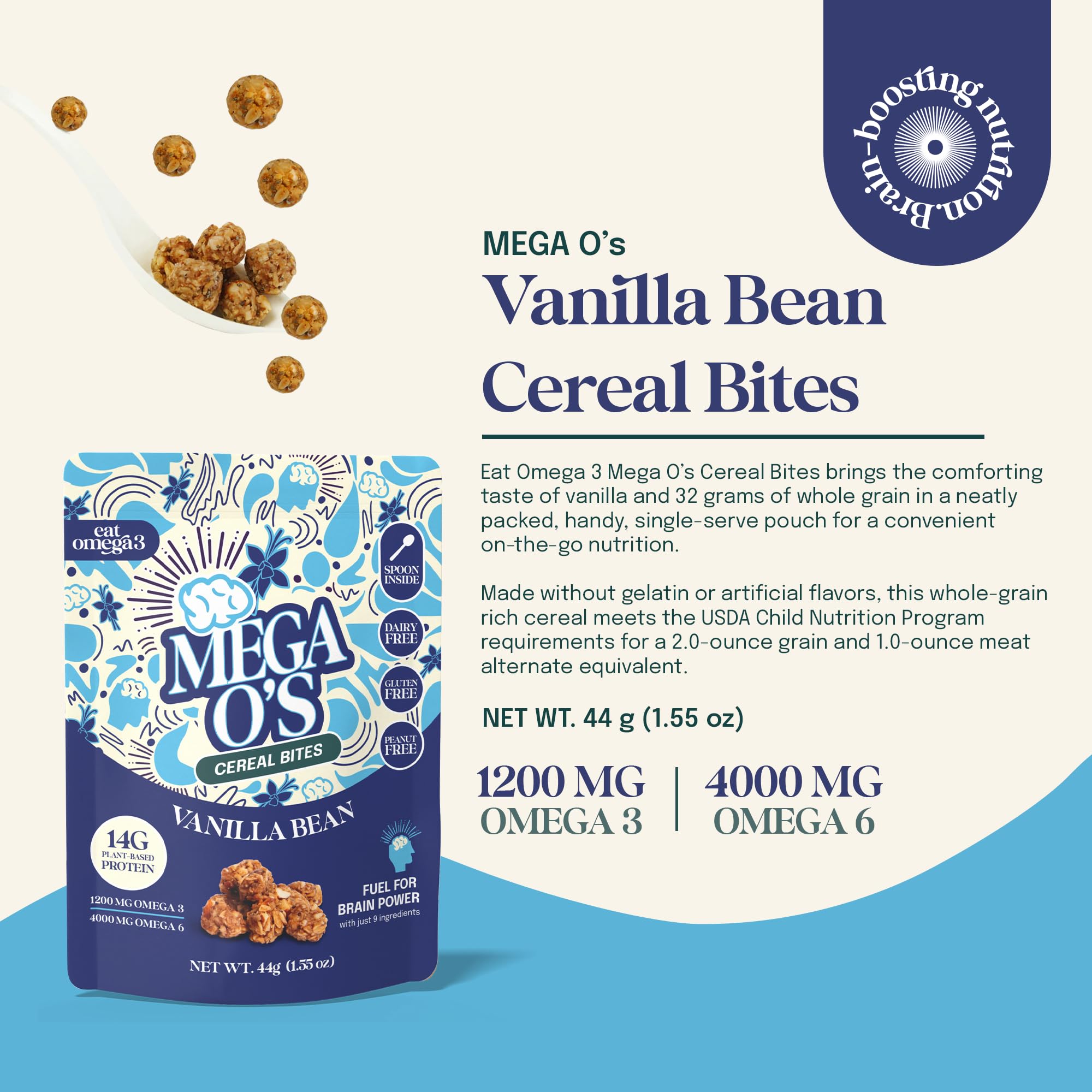 Eat Omega 3 Mega O’s Vanilla Bean Cereal Bites - Gluten-Free, Dairy-Free, Plant-Based Protein Snack with Omega-3 & Omega-6, Low Sugar, Peanut-Free