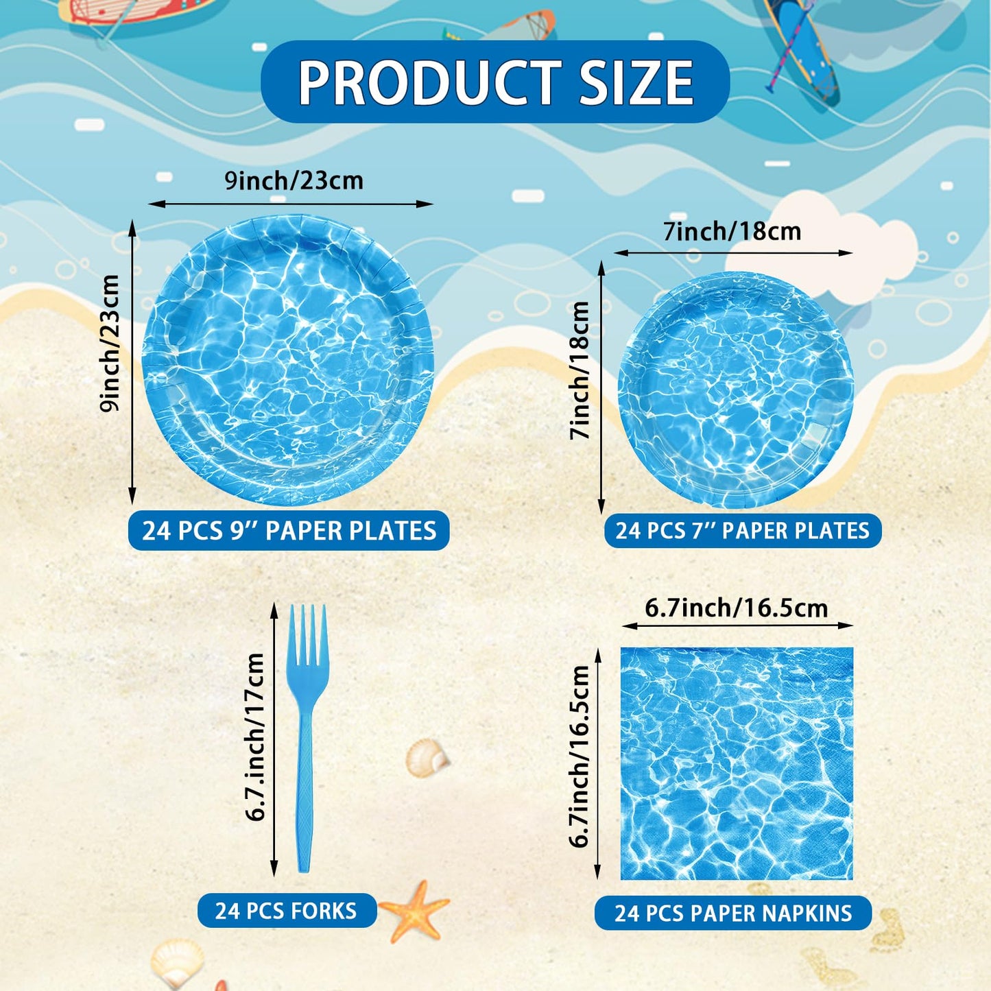 96 Pieces Ocean Wave Tableware Set Party Supplies - Water Pattern Themed Disposable Dinnerware with Paper Plates, Napkins, and Forks for Pool Parties