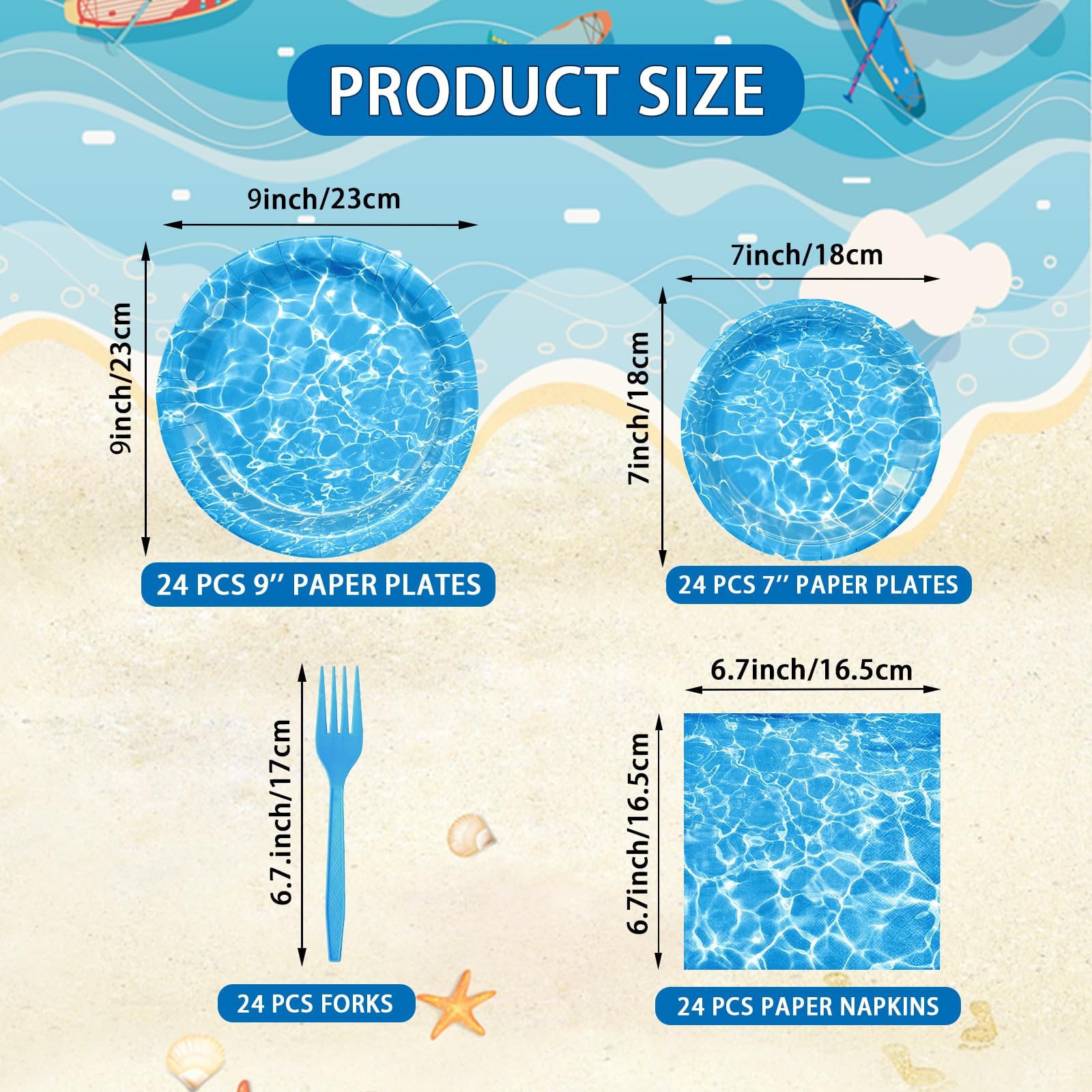 96 Pieces Ocean Wave Tableware Set Party Supplies - Water Pattern Themed Disposable Dinnerware with Paper Plates, Napkins, and Forks for Pool Parties