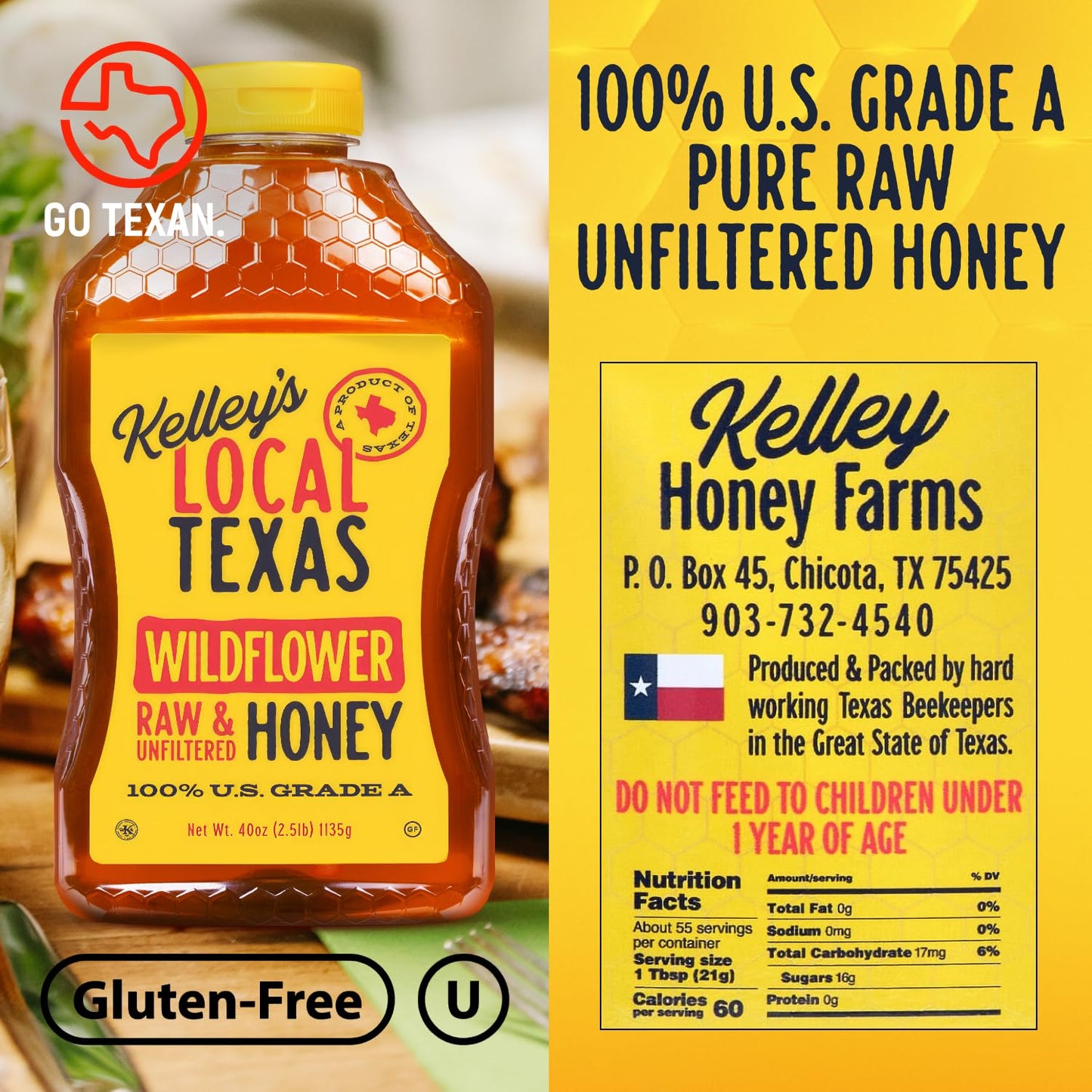 Kelley's Local Texas Wildflower Honey 40 oz - 100% Pure, Raw and Unfiltered - All-Natural American Honey for Tea, Baking, Yogurt, Toast & BBQ, Squeeze Bottle