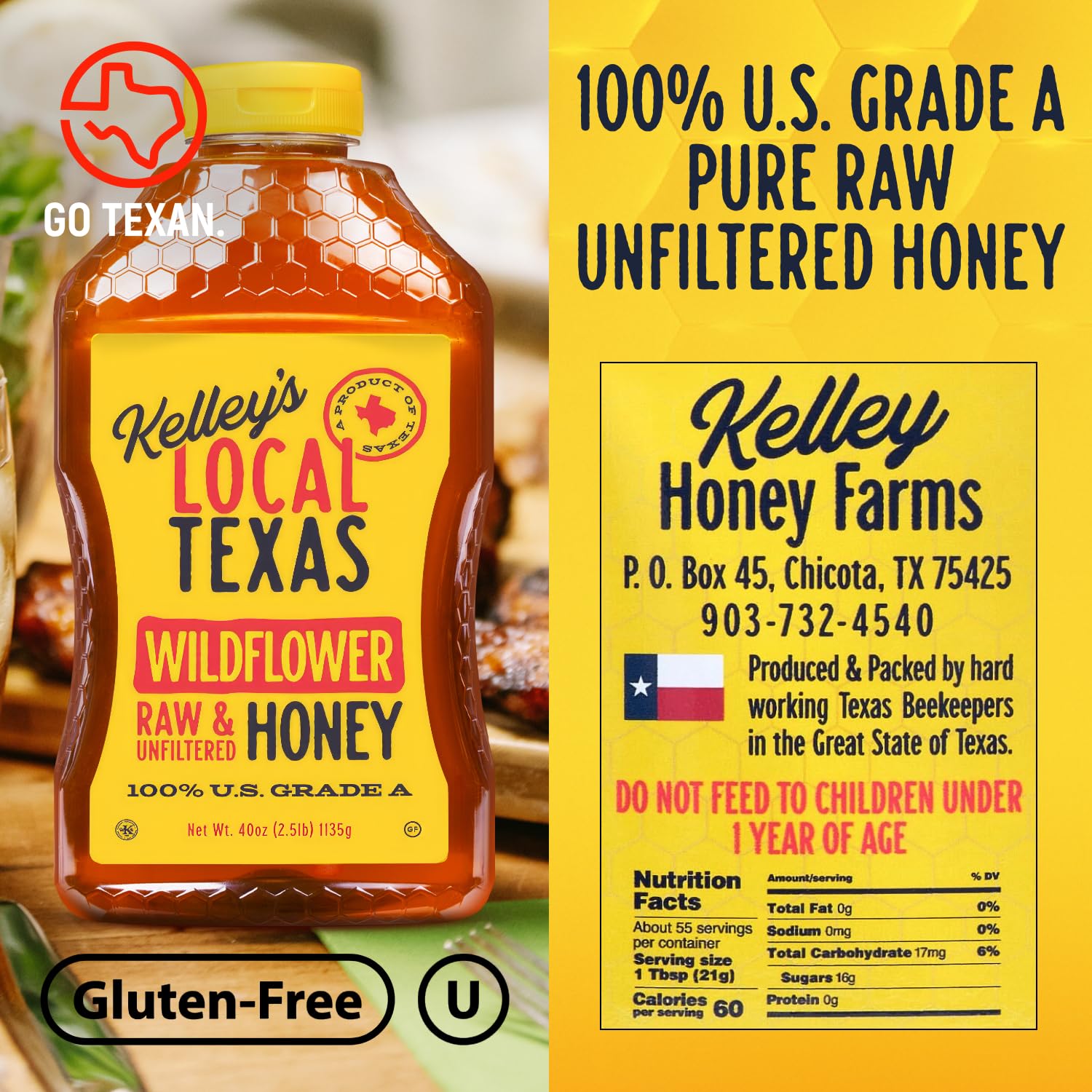 Kelley's Local Texas Wildflower Honey 40 oz - 100% Pure, Raw and Unfiltered - All-Natural American Honey for Tea, Baking, Yogurt, Toast & BBQ, Squeeze Bottle