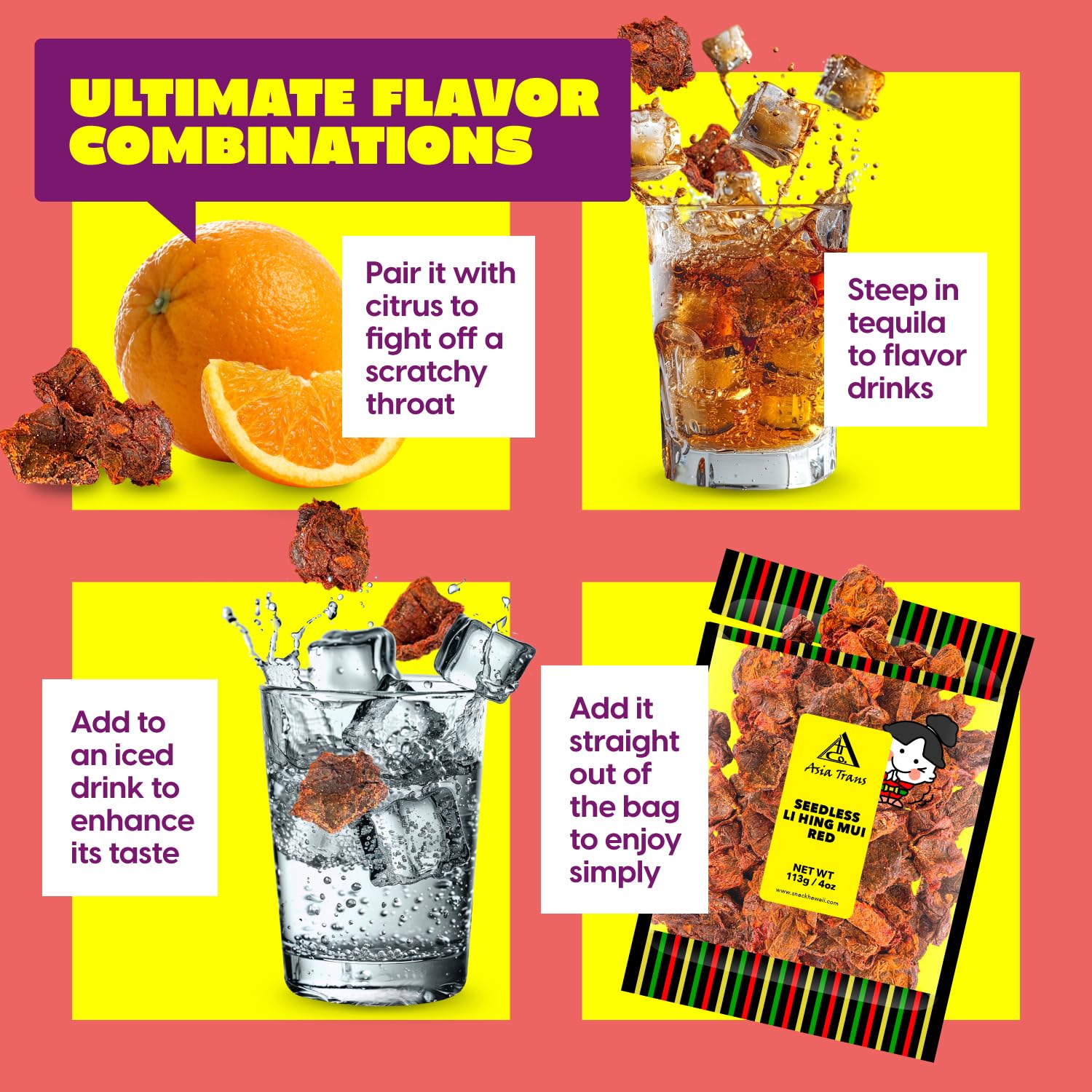Asia Trans Seedless Red Li Hing Mui Crack Seed Plums | Hawaiian Favorite | Sweet, Sour, & Salty Dried Asian Plum Candy