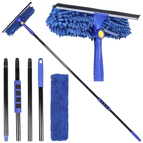 Kleen Handler 2-in-1 Window Squeegee with 60” Extendable Pole, Rotatable Glass Cleaner Tool for Commercial and Residential Use, 2 Reusable Sleeves