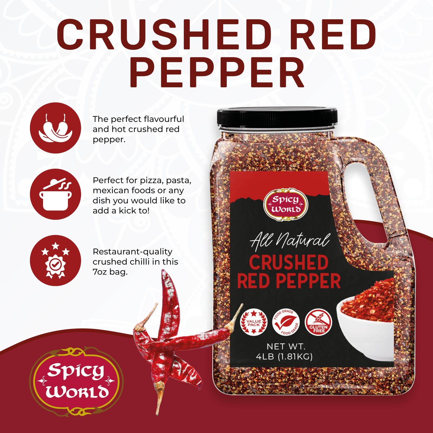 Crushed Red Pepper Flakes 4 LB Bulk Jar (64 Oz) - All Natural, Pure, Chilli Flakes Hot Pepper, Great on Pasta and Pizza by Spicy World - Can Also Be