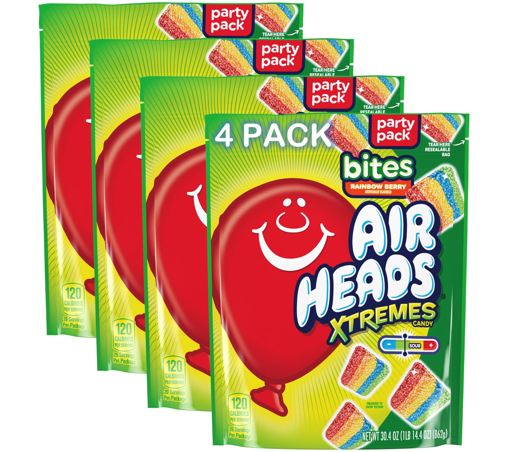 Airheads Xtremes Sweet and Sour Candy Bites, Chewy Candy Bag, Rainbow Berry Artificially Flavored, 30.4 Ounces (4-Pack)