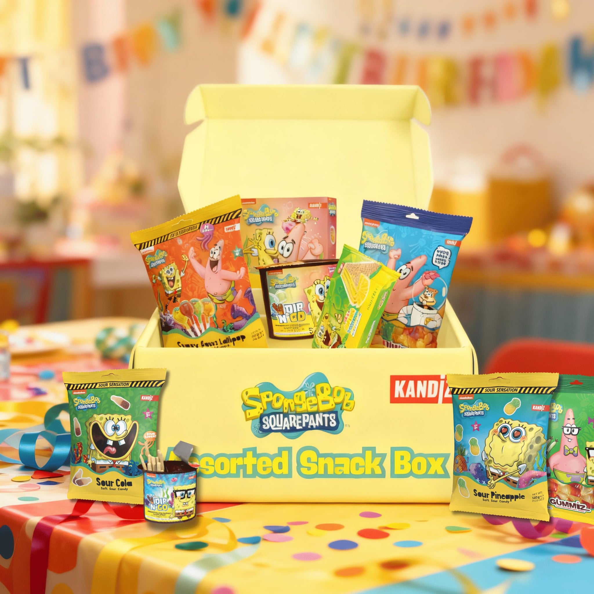 Assorted Snack Box by KANDIZ | 9 Count Variety Confectioneries Pack with Filled Biscuits, Gummies, Wafers & More | Ultimate Themed Treats Collection |