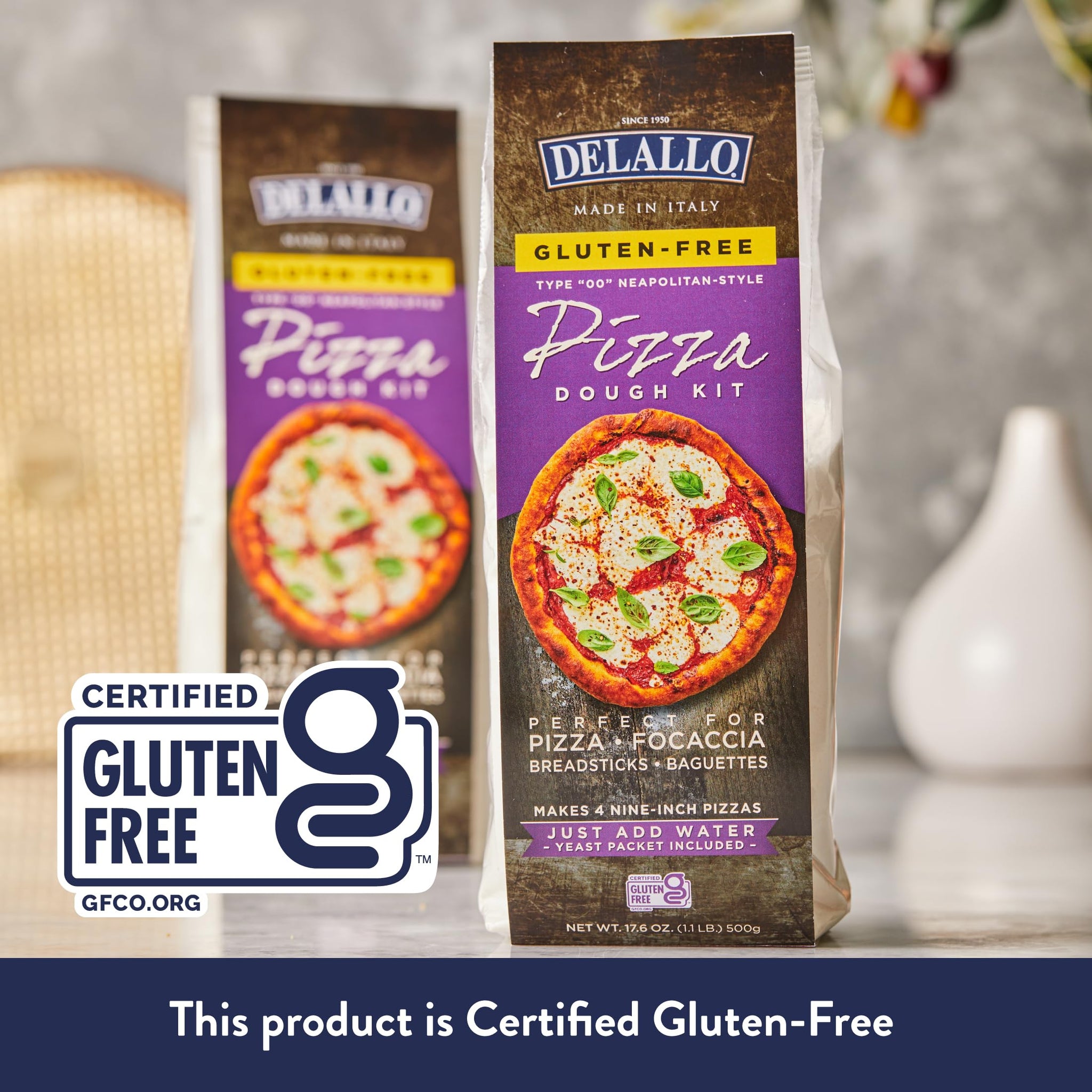 DeLallo Gluten Free Flour Pizza Kit, 17 Oz Bag, (2 Pack), All Purpose Pizza Dough Mix for Baking Crust, Bread and Calzones, Vegan, Dairy Free