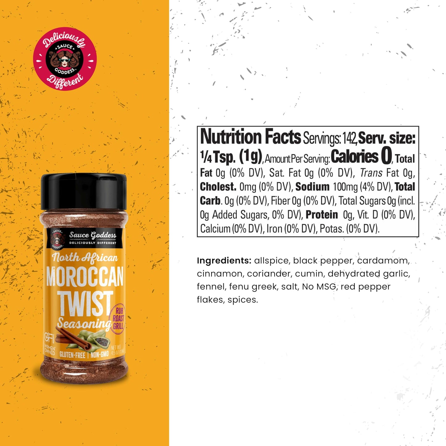 Sauce Goddess - Moroccan Twist Spice Shaker - Exotic Blend with Cardamom & Cinnamon, No Sugar, Gluten-Free, Low Sodium, Vegan - 4.5oz