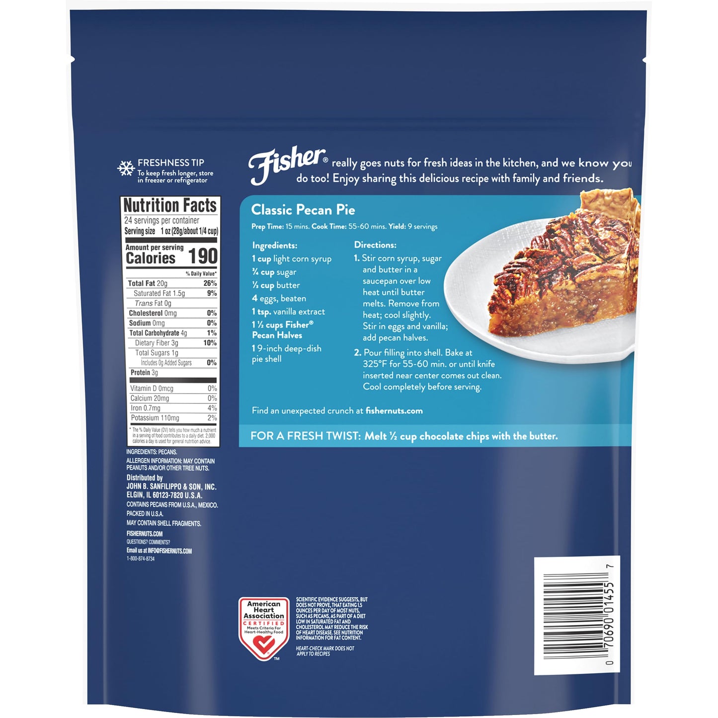 Fisher Chef's Naturals Pecan Halves 24 oz Resealable Bag, Unsalted Raw Nuts for Cooking, Baking & Snacking, Healthy Snacks for Adults, Vegan Protein