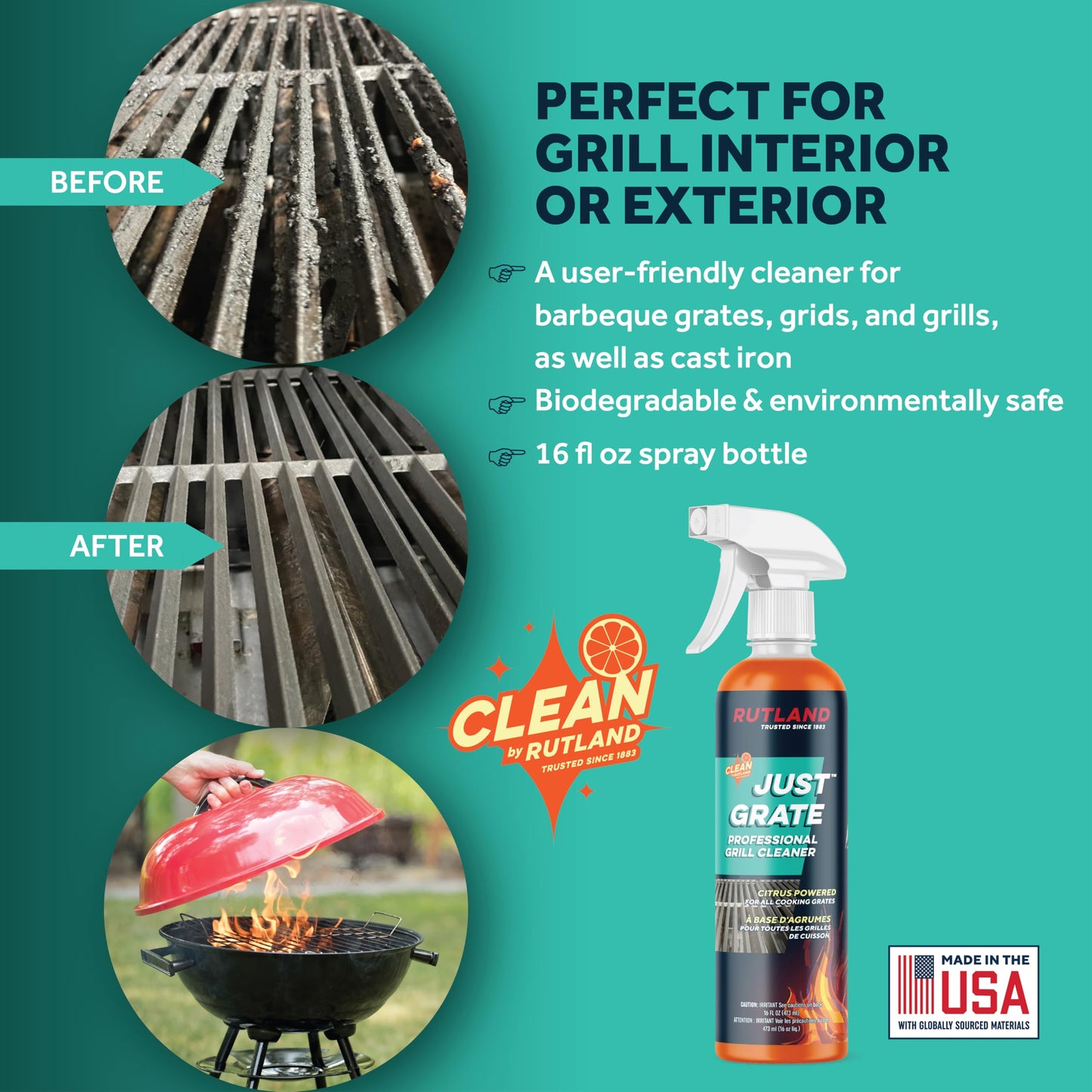Rutland Just Grate Grill Cleaner, Citrus Degreaser, BBQ Grill Interior & Exterior, 16 fl oz