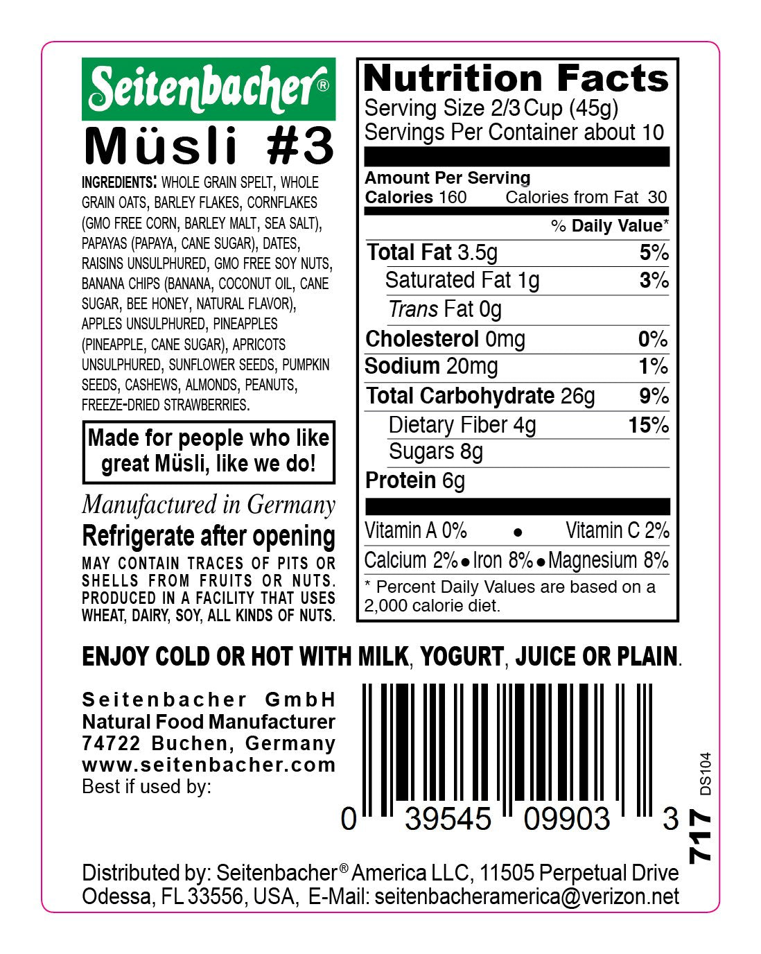 Seitenbacher Muesli Cereal #3 - For Active People - Fruit Mix 16 Ounce (Pack of 6)
