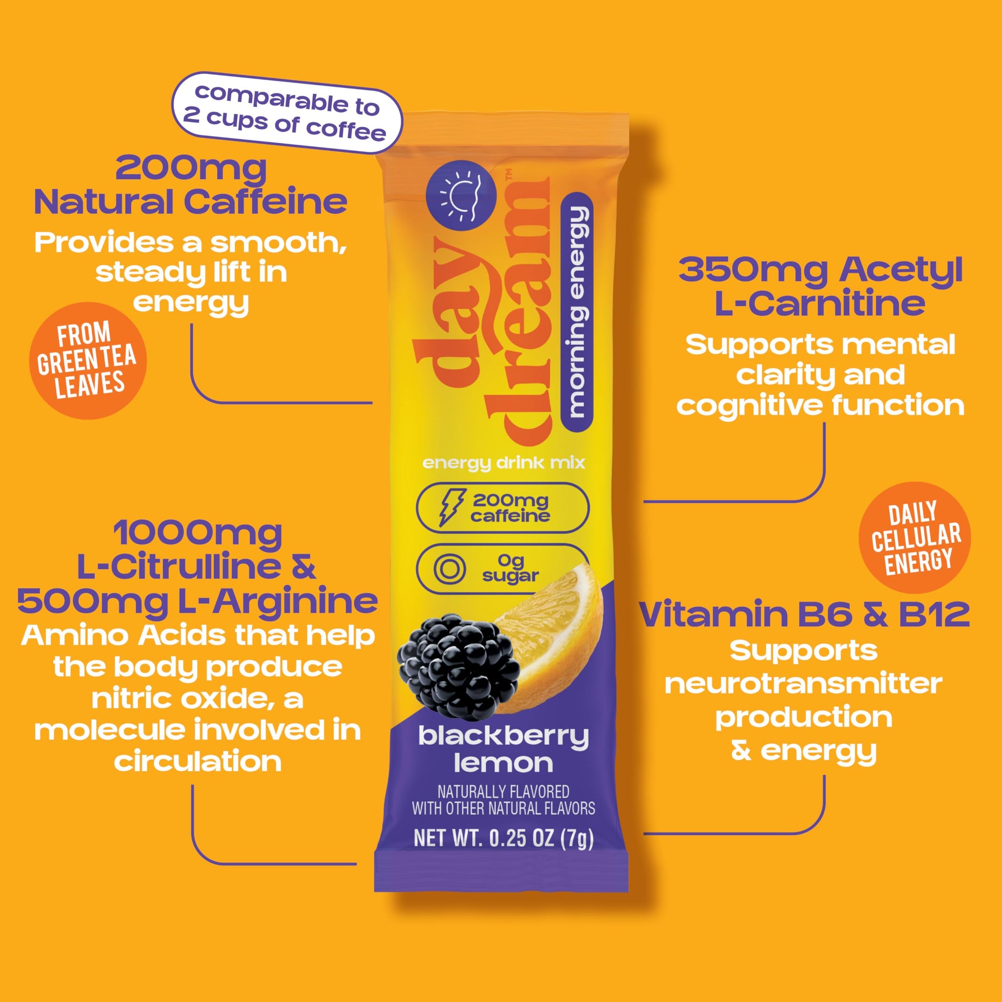 Day/Dream Morning Energy Drink Mix - Blackberry Lemon, 200mg Natural Caffeine from Green Tea, Guarana, and Yerba Mate, L-Citrulline, L-Arginine