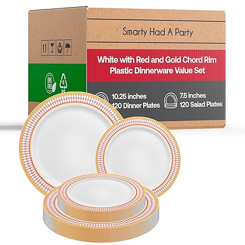 White Plastic Plates, Disposable Dinnerware Party Supplies Gold Chord Rim Design for Birthday, Wedding & All Occasions, 240 pcs (120 Dinner Plates +