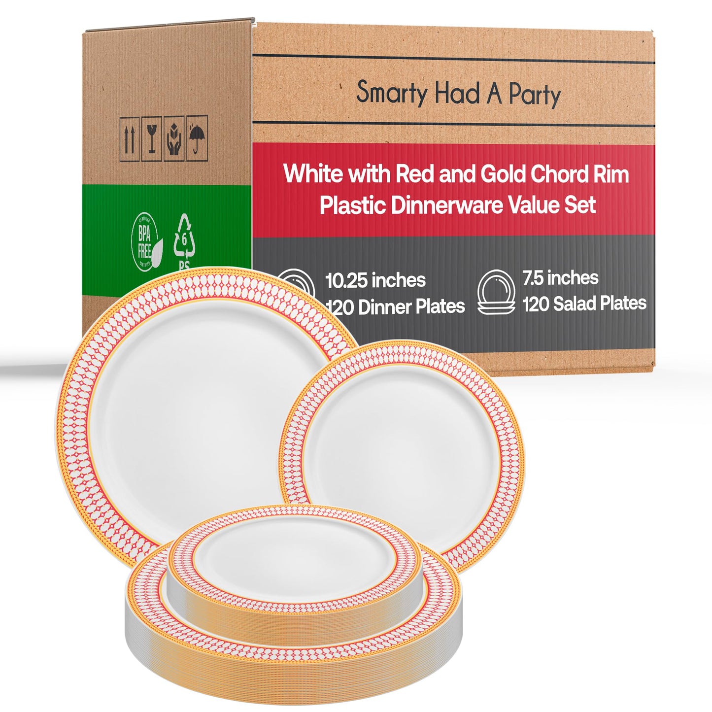 White Plastic Plates, Disposable Dinnerware Party Supplies Gold Chord Rim Design for Birthday, Wedding & All Occasions, 240 pcs (120 Dinner Plates +