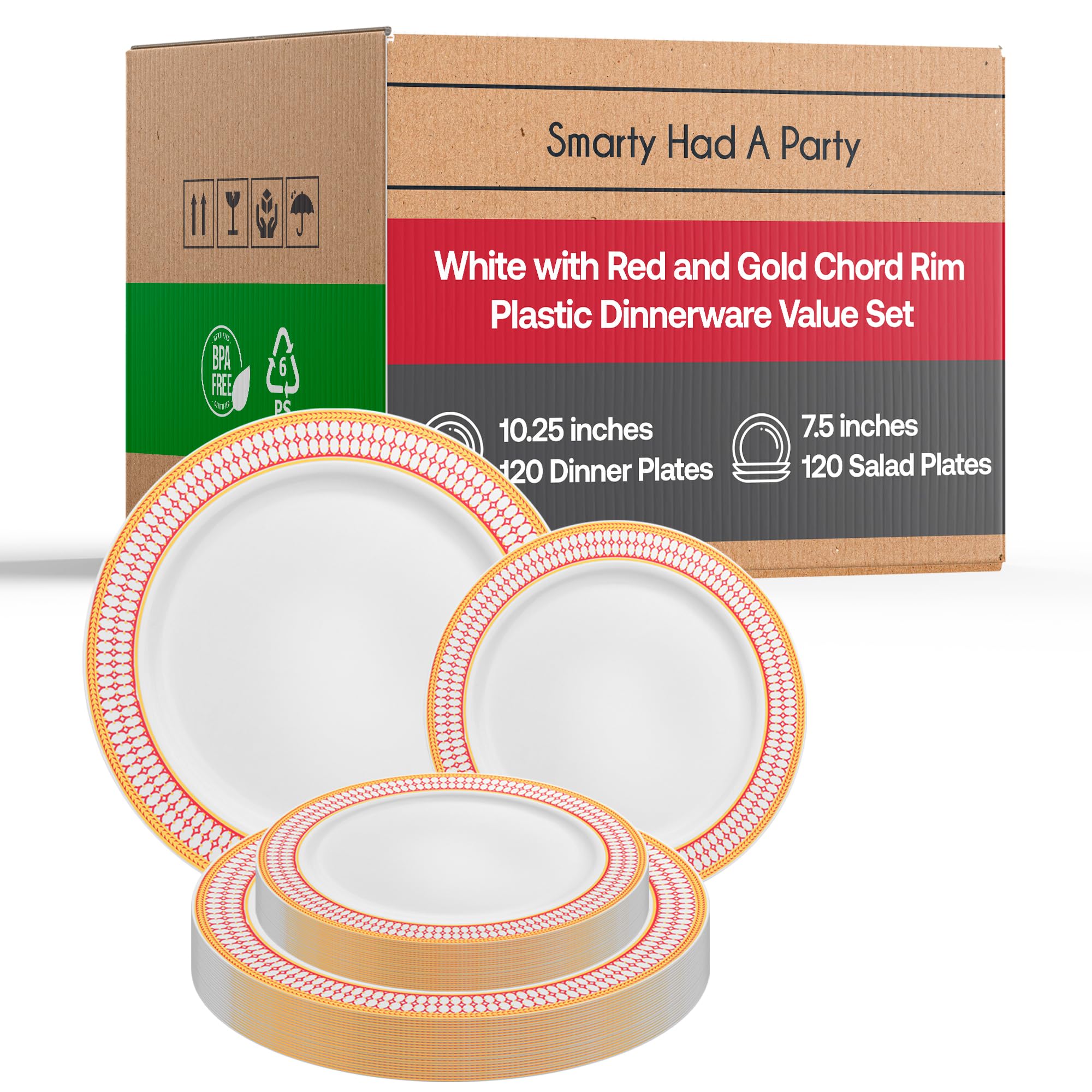 White Plastic Plates, Disposable Dinnerware Party Supplies Gold Chord Rim Design for Birthday, Wedding & All Occasions, 240 pcs (120 Dinner Plates +