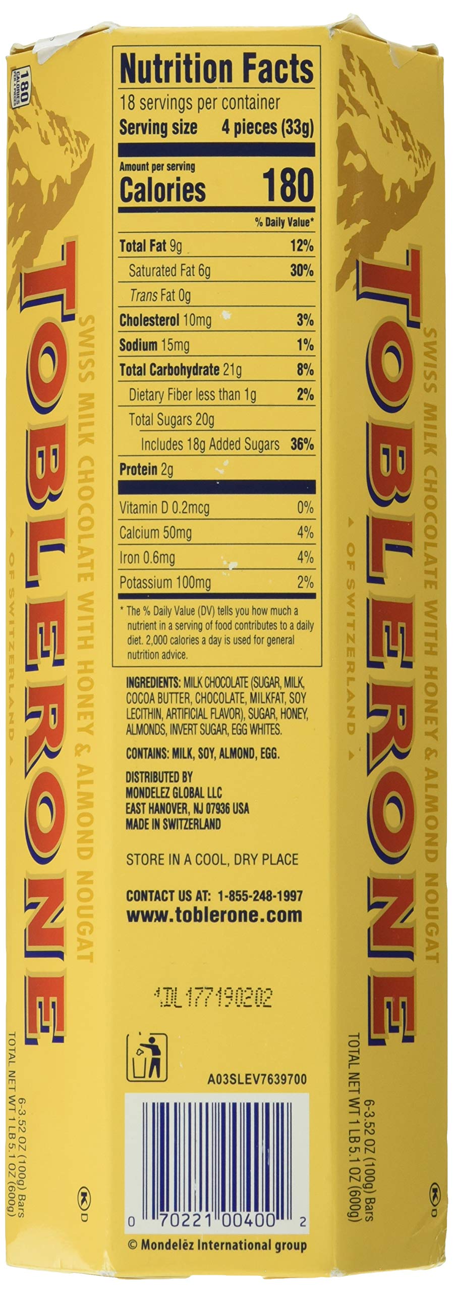 TOBLERONE SWISS MILK CHOCOLATE WITH HONEY AND ALMOND NOUGAT 6 X 100 G BARS by Toblerone