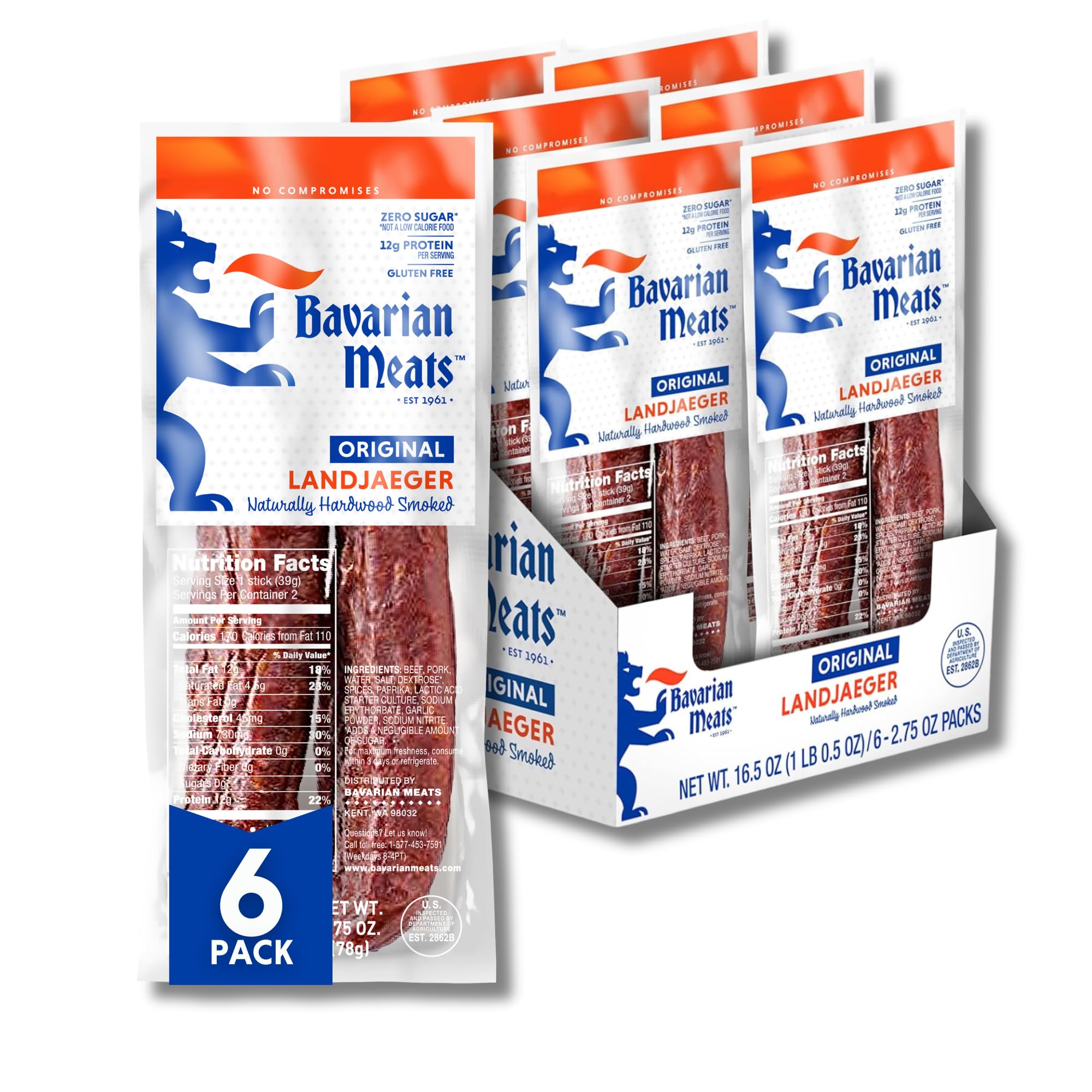 Bavarian Meats Landjaeger Meat Sticks, Smoked Sausage Protein Snacks, Zero Sugar, Great Source of Protein, Gluten Free, Keto Friendly Low Carb Snack