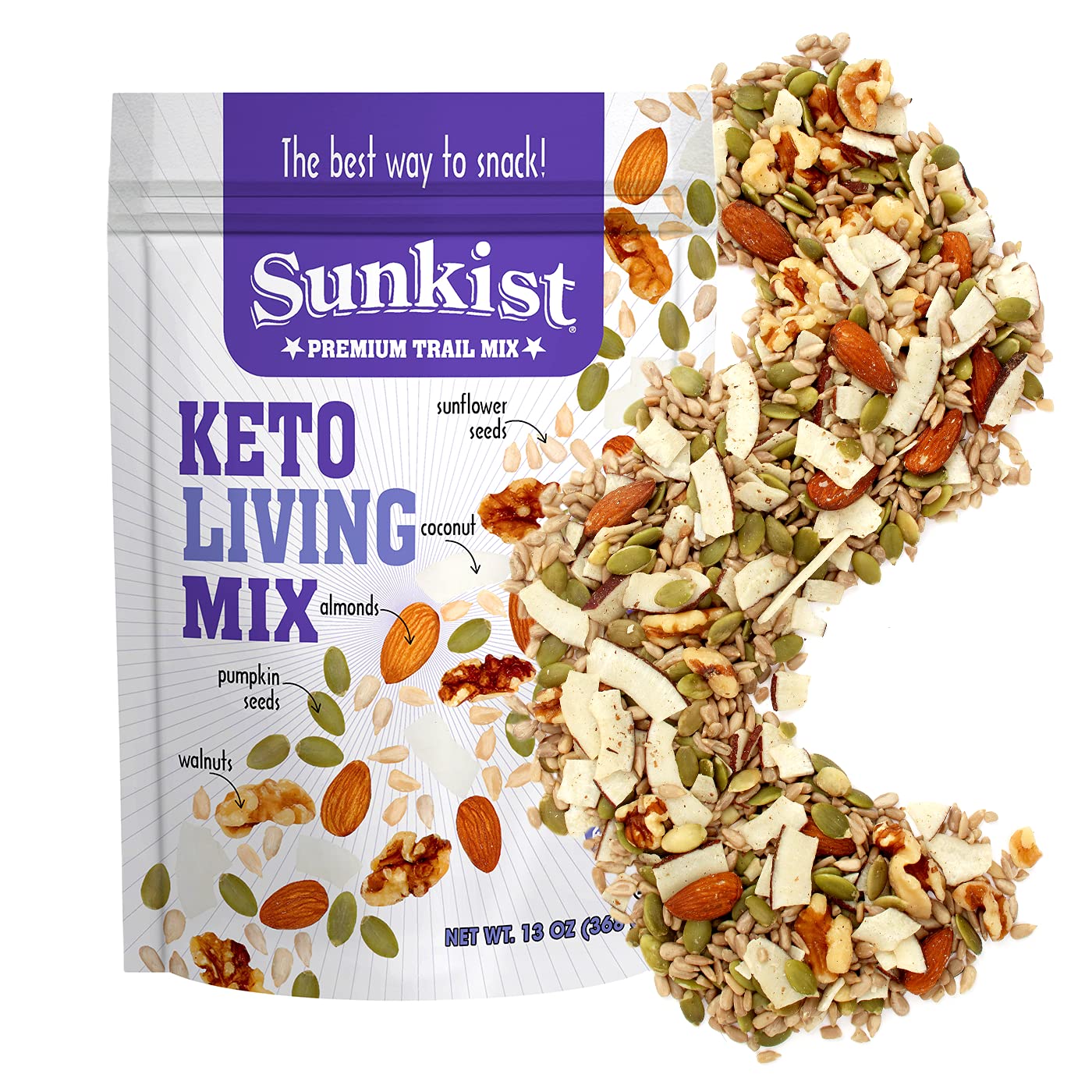 Sunkist® Keto Living Trail Mix - Fruit, Nut and Seeds, Low Sodium, Gluten Free Snack with Sunflower Seeds, Coconut, Almonds, Pumpkin Seeds,