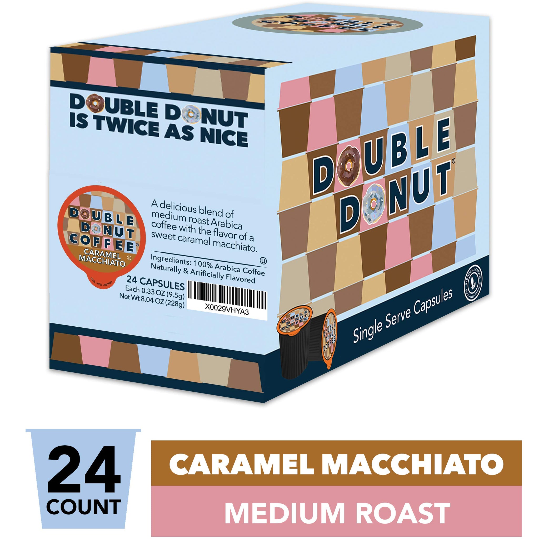 Double Donut Coffee Medium Roast Caramel Macchiato Coffee Pods, 24 Count for Keurig K-Cup Machines