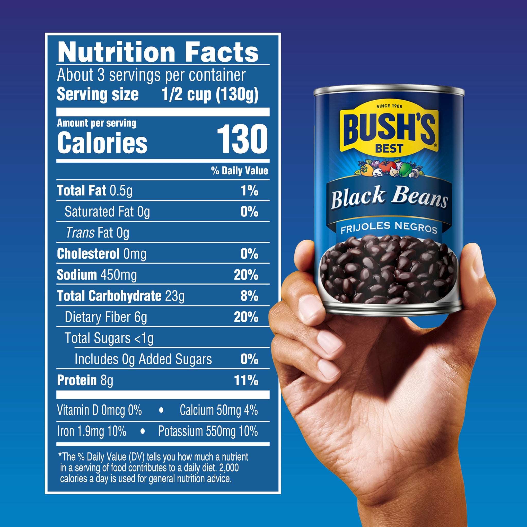 Bush's Canned Black Beans (Pack of 1), Good Source of Plant-Based Protein, Good Source of Fiber, Fat Free, Gluten Free, 15 oz
