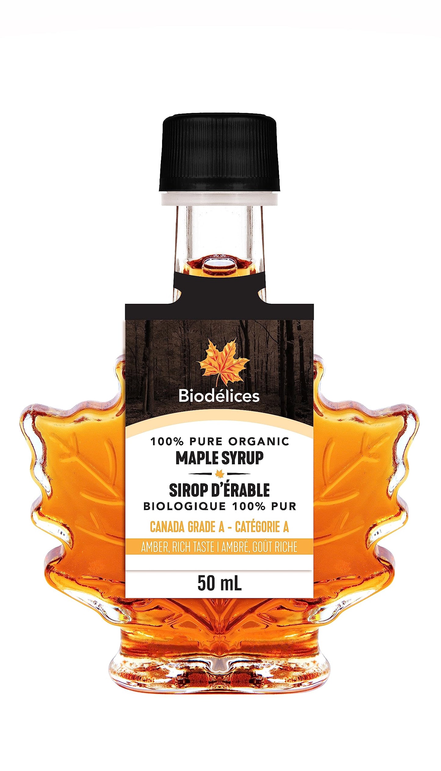100% Pure Organic Maple Syrup - Premium Grade A - Quebec's Finest in Elegant Maple Leaf Bottle from Biodélices (1.69 Fl Oz (Pack of 1), Maple (CA