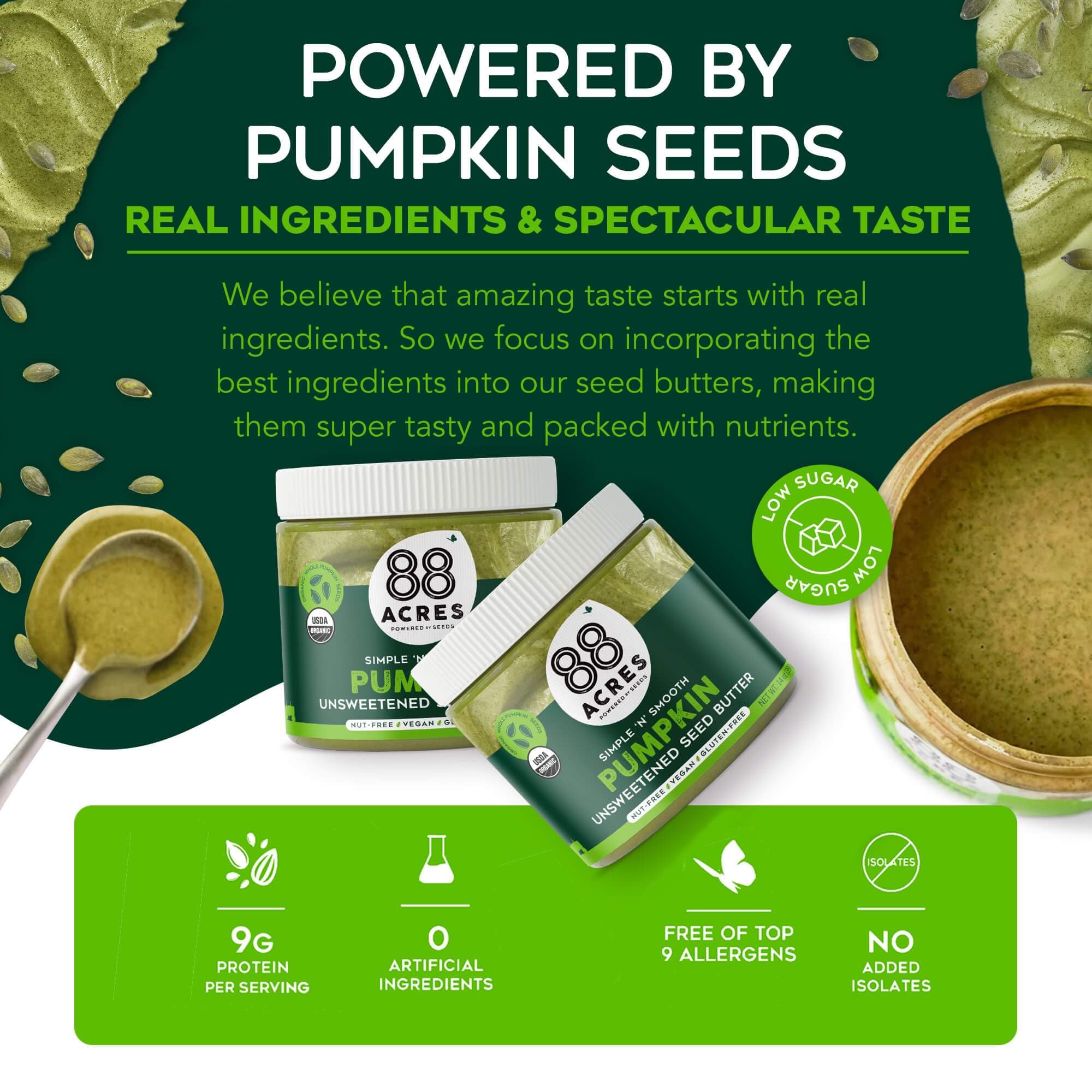88 Acres Organic Pumpkin Seed Butter, Unsweetened, 14 oz Jar, 2 Pack, Butter Spread with 9g Plant-Based Protein, Gluten Free, Nut Free, Vegan, Non-GMO