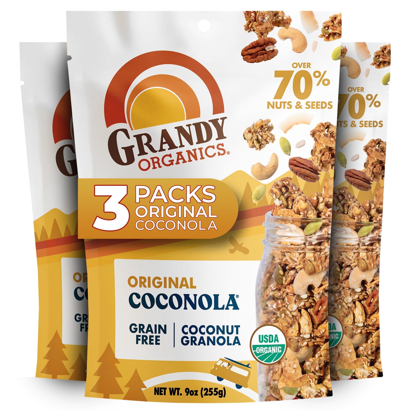 Grandy Organics Original Coconola - Certified Organic Grain Free Granola - 7g Protein - Gluten Free, Non GMO, Vegan & Paleo Friendly - Coconut