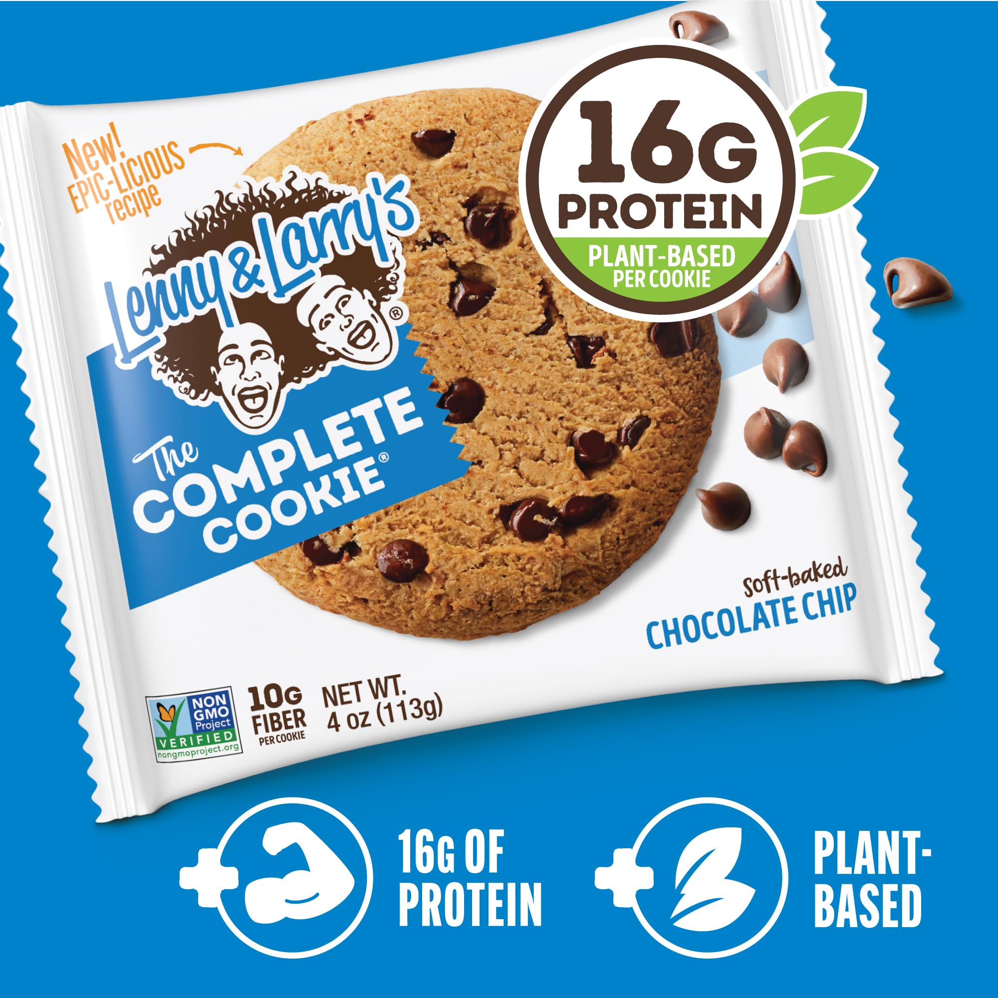 Lenny & Larry's Protein Cookie, [Chocolate Chip], Chewy Soft Baked, 16g Plant Protein, Vegan, Non-GMO, High Fiber, 4 Ounce Cookie (Pack of 12)