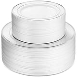 Munfix 100 Silver Plastic Plates Set, 50 Pcs 10.25 Inch Dinner and 50 Pcs 7.5 Inch Plastic Dessert Plates, Elegant Fancy Heavy Duty Disposable Plates