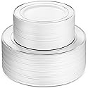 Munfix 100 Silver Plastic Plates Set, 50 Pcs 10.25 Inch Dinner and 50 Pcs 7.5 Inch Plastic Dessert Plates, Elegant Fancy Heavy Duty Disposable Plates