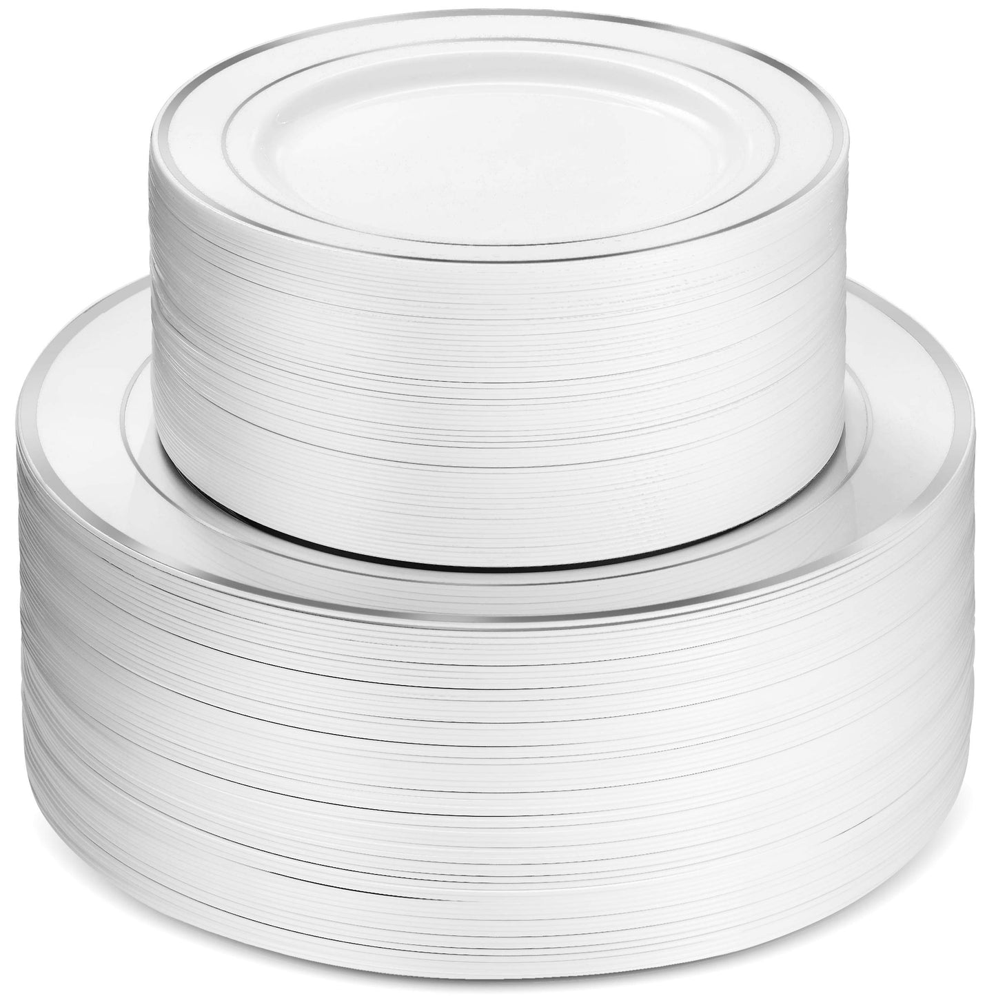 Munfix 100 Silver Plastic Plates Set, 50 Pcs 10.25 Inch Dinner and 50 Pcs 7.5 Inch Plastic Dessert Plates, Elegant Fancy Heavy Duty Disposable Plates
