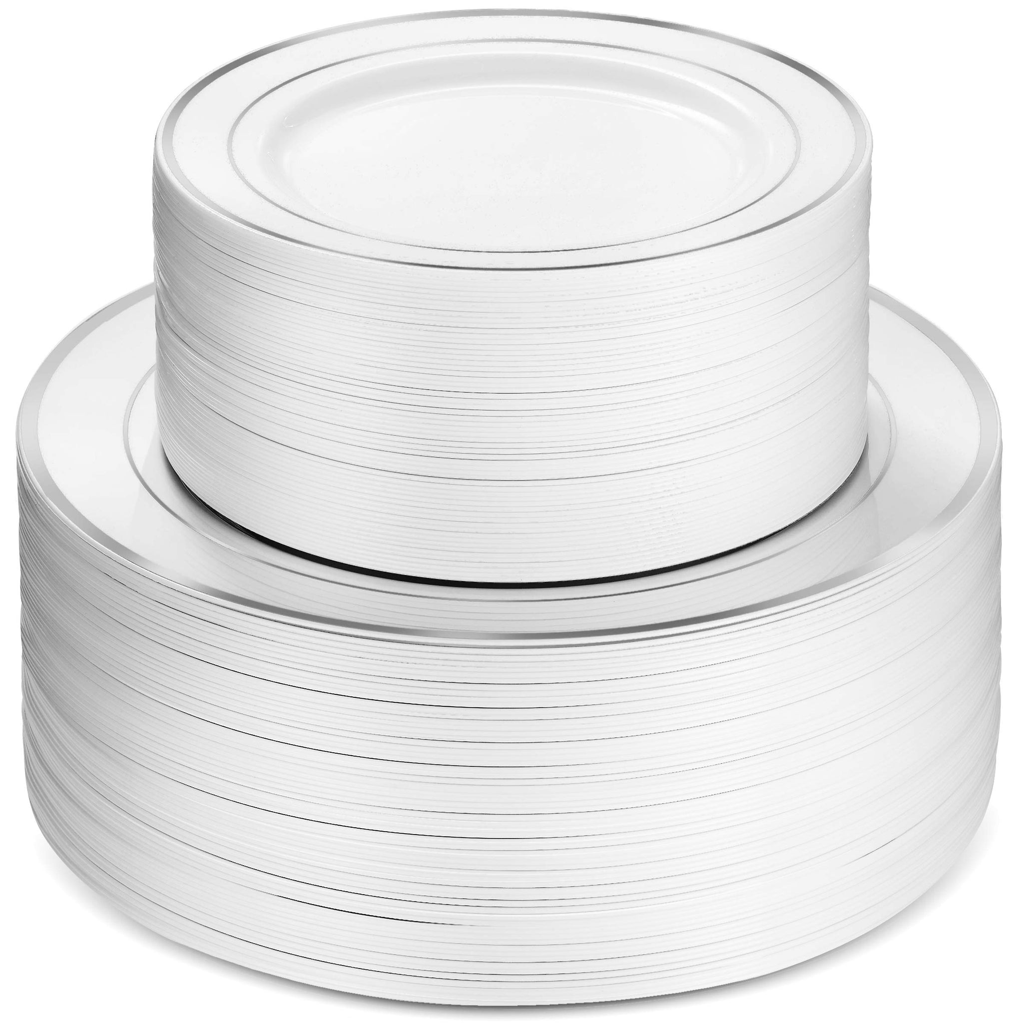 Munfix 100 Silver Plastic Plates Set, 50 Pcs 10.25 Inch Dinner and 50 Pcs 7.5 Inch Plastic Dessert Plates, Elegant Fancy Heavy Duty Disposable Plates