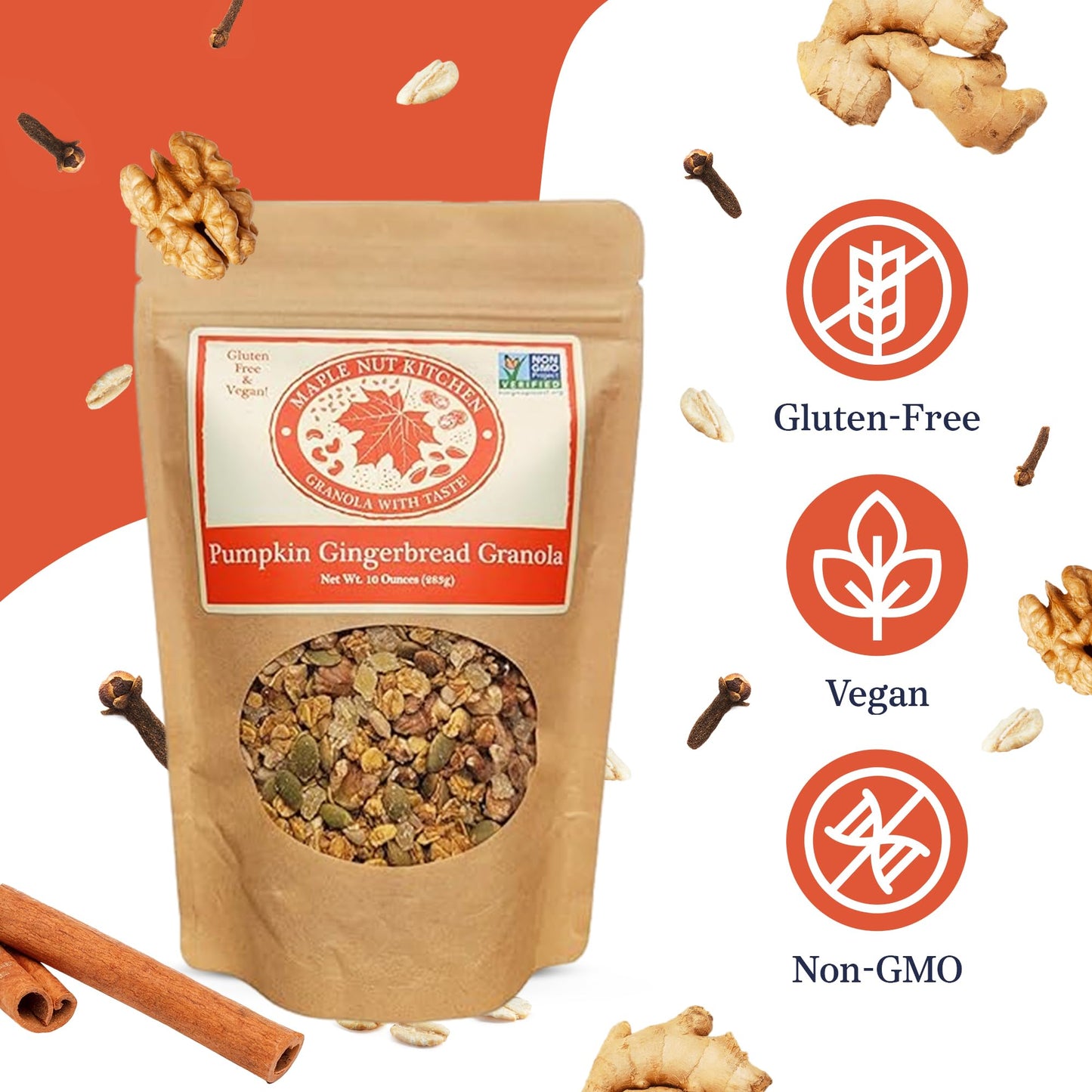 Maple Nut Kitchen Pumpkin Gingerbread 10 oz - Delicious Pumpkin, Ginger & Spice artisanal granola mix | Perfect Breakfast Treat