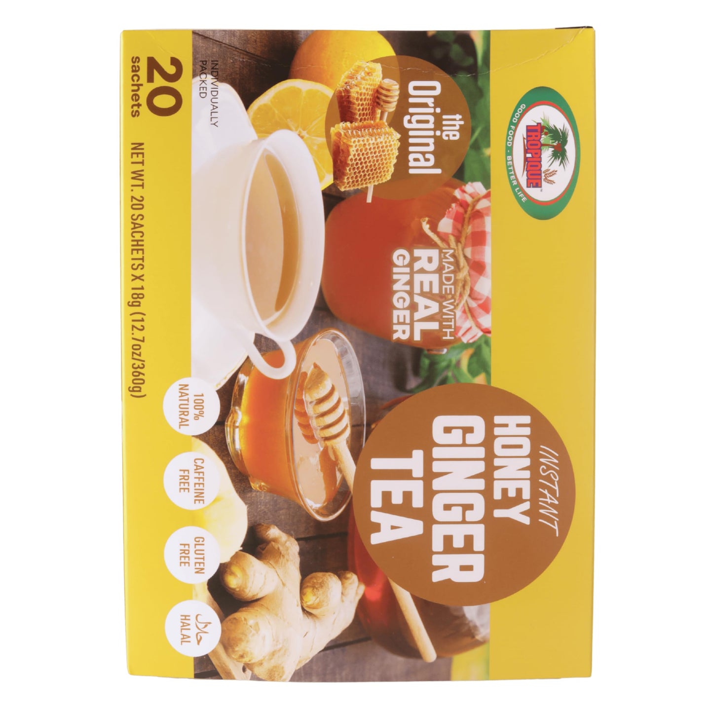 Ginger Tea with Honey - Original Flavor - Instant Herbal Ginger Drink - 20 Sachets - Tropique