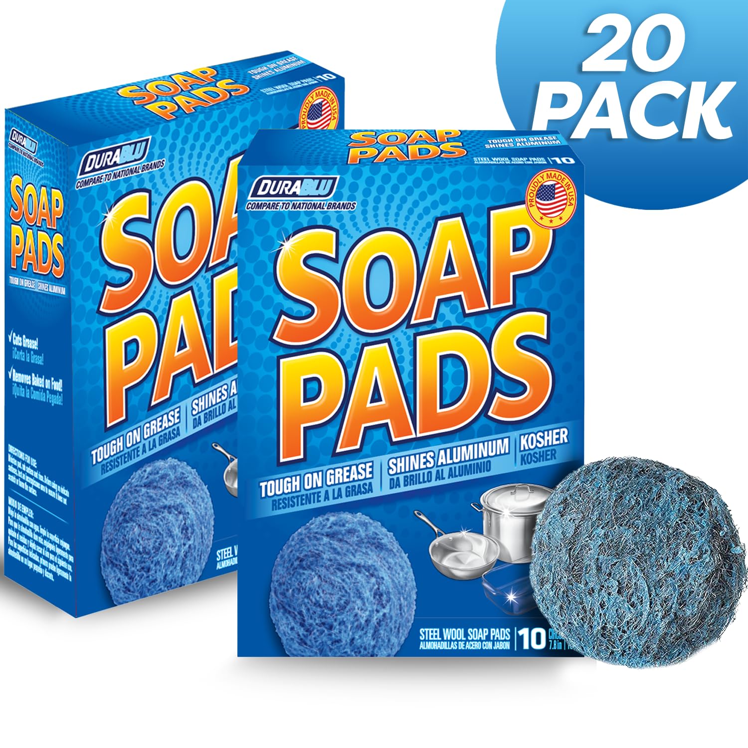 SCRUBIT 20 PK Steel Wool Soap Pads - [Updated Not-Kosher!] - Metal Scouring Cleaning Pads for Dishes, Pots and Ovens - Pre-Soaped scrubbing Pads