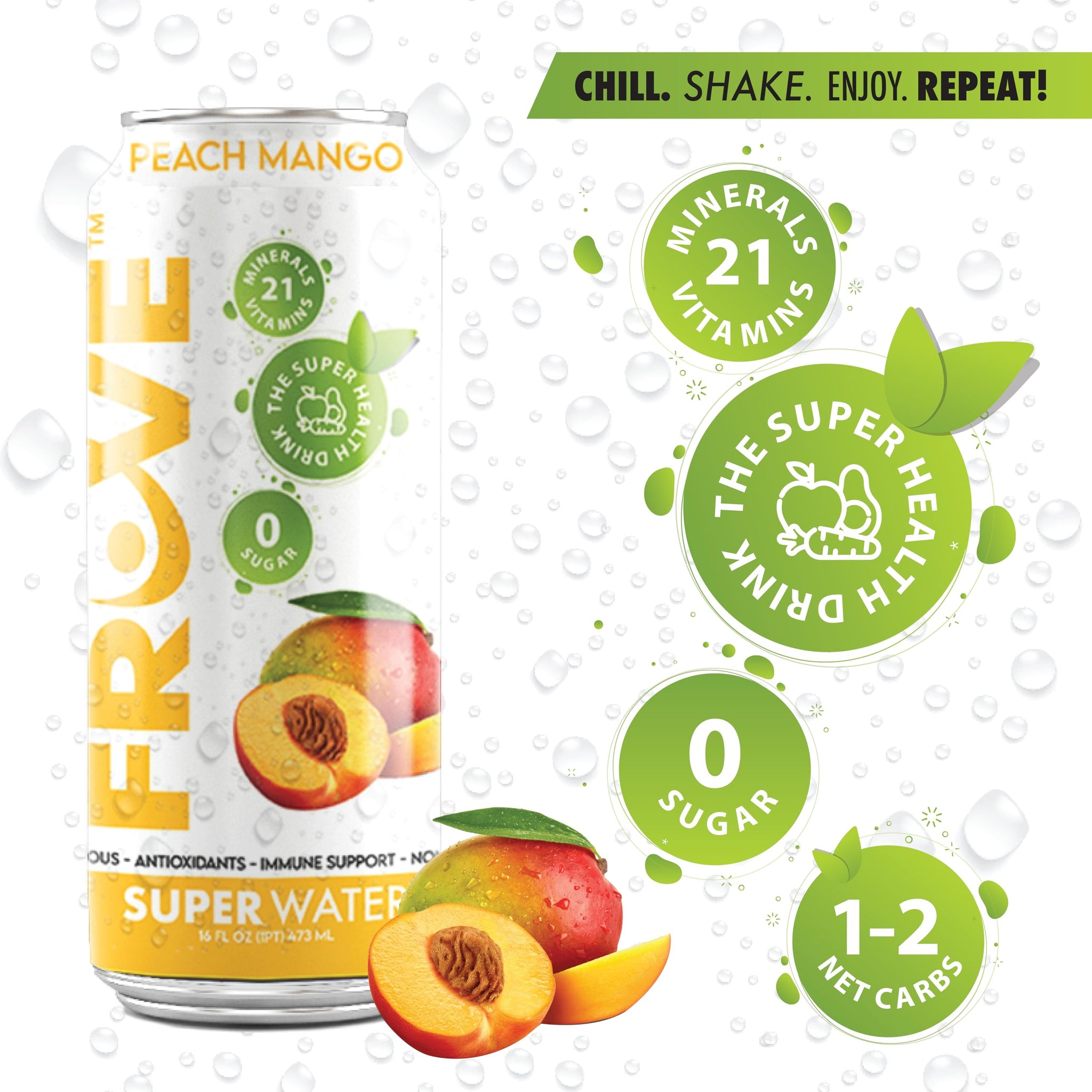 FrUve Super Water | Peach Mango Flavor | 12 16oz Cans | Healthy Drink | Zero Sugar | Low Calorie Drink | Powerful Antioxidants | Boosts Immune System