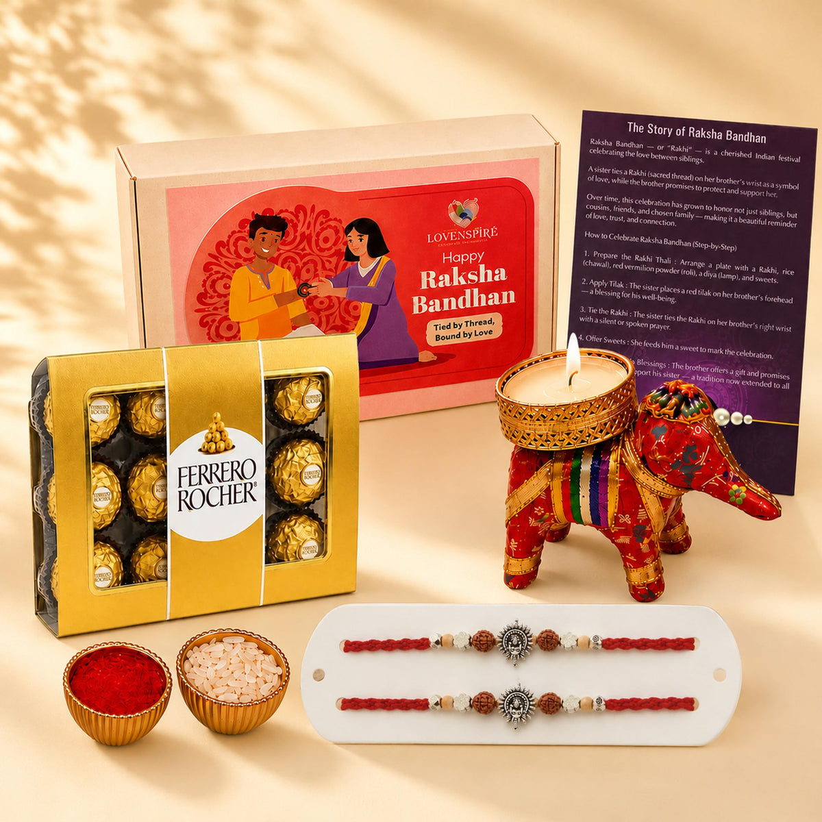 LOVENSPIRE Designer Ganesha Rakhi Gift Hamper for Brother & Bhabhi - Includes 2 Adjustable Rakhi Bracelets, Decorative Haldi Kumkum Holder
