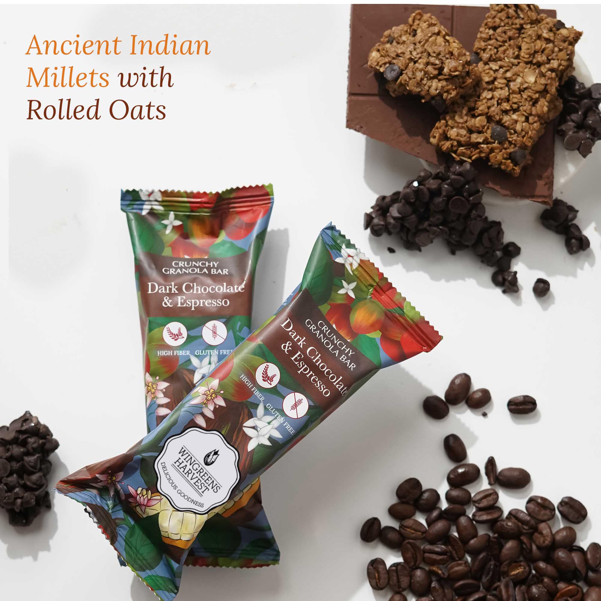Monsoon Harvest Crunchy Millet Granola Bars - Dark Chocolate Espresso - Pack Of 6 Healthy Breakfast Bars (40 Grams Each)