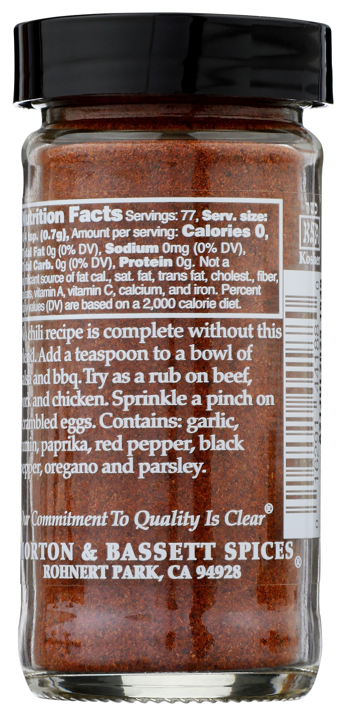 Morton & Bassett Chili Powder Seasoning, 1.9oz - Salt-Free, Non-GMO, Smoky & Bold Blend for Mexican & Tex-Mex